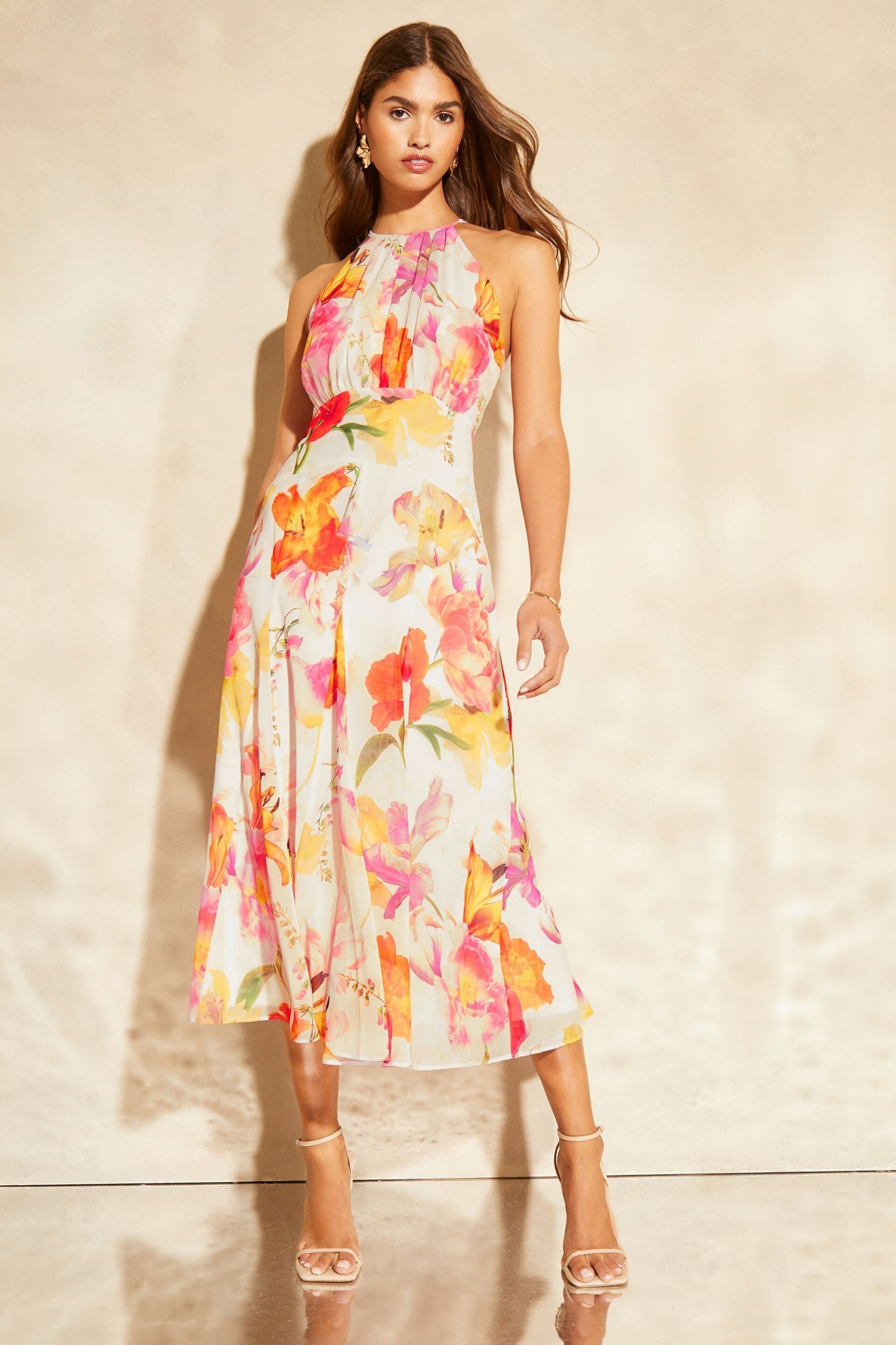Lipsy White Floral Petite Floral Halter Gathered Waist Midi Dress - Image 1 of 4
