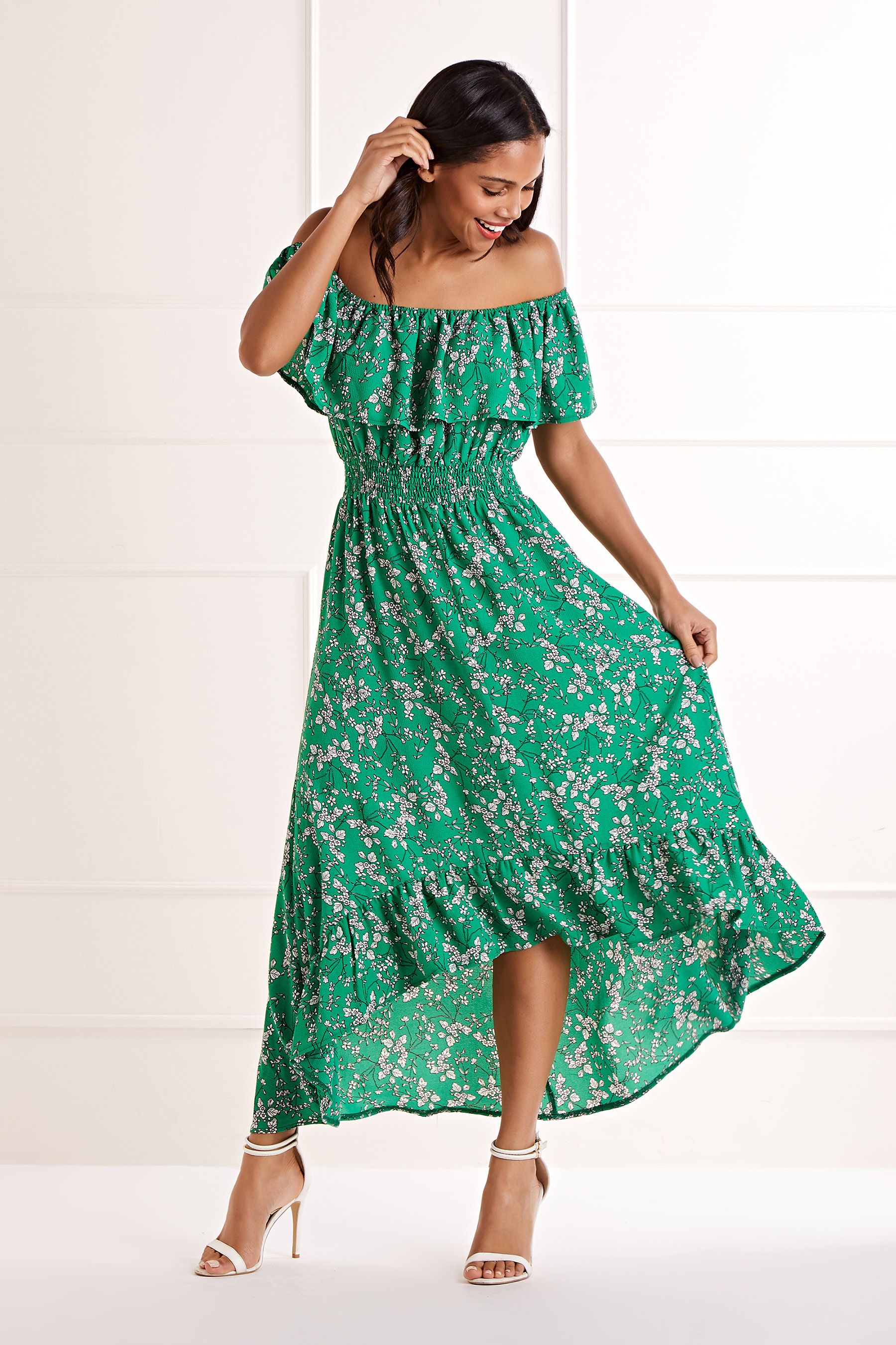 Buy Mela Green Ditsy Print Bardot Dipped Hem Dress from the Next UK online shop