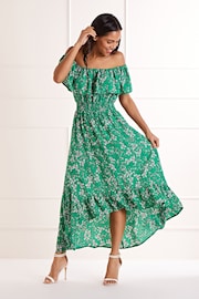 Mela Green Ditsy Print Bardot Dipped Hem Dress - Image 1 of 4