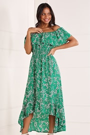 Mela Green Ditsy Print Bardot Dipped Hem Dress - Image 2 of 4