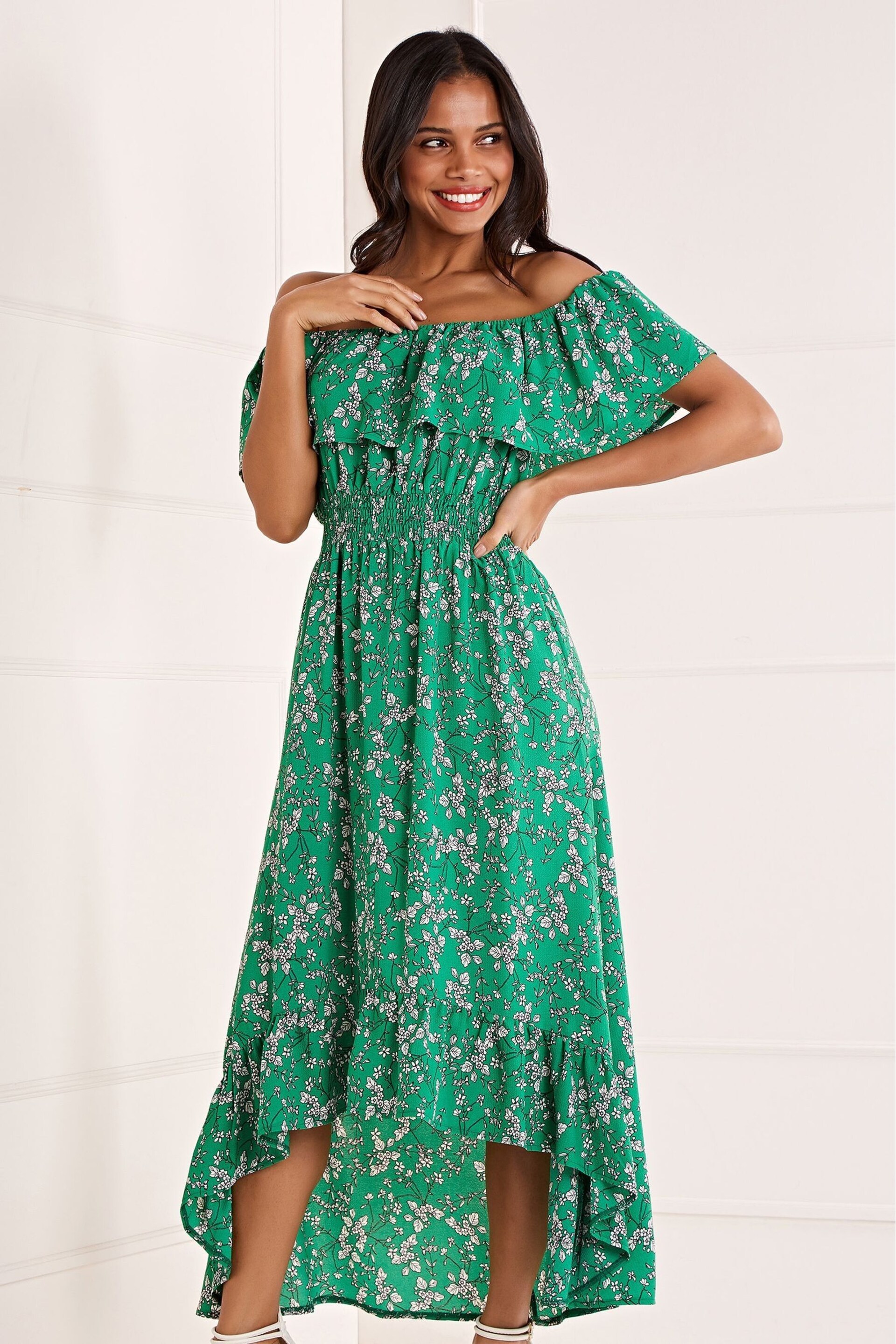 Mela Green Ditsy Print Bardot Dipped Hem Dress - Image 2 of 4