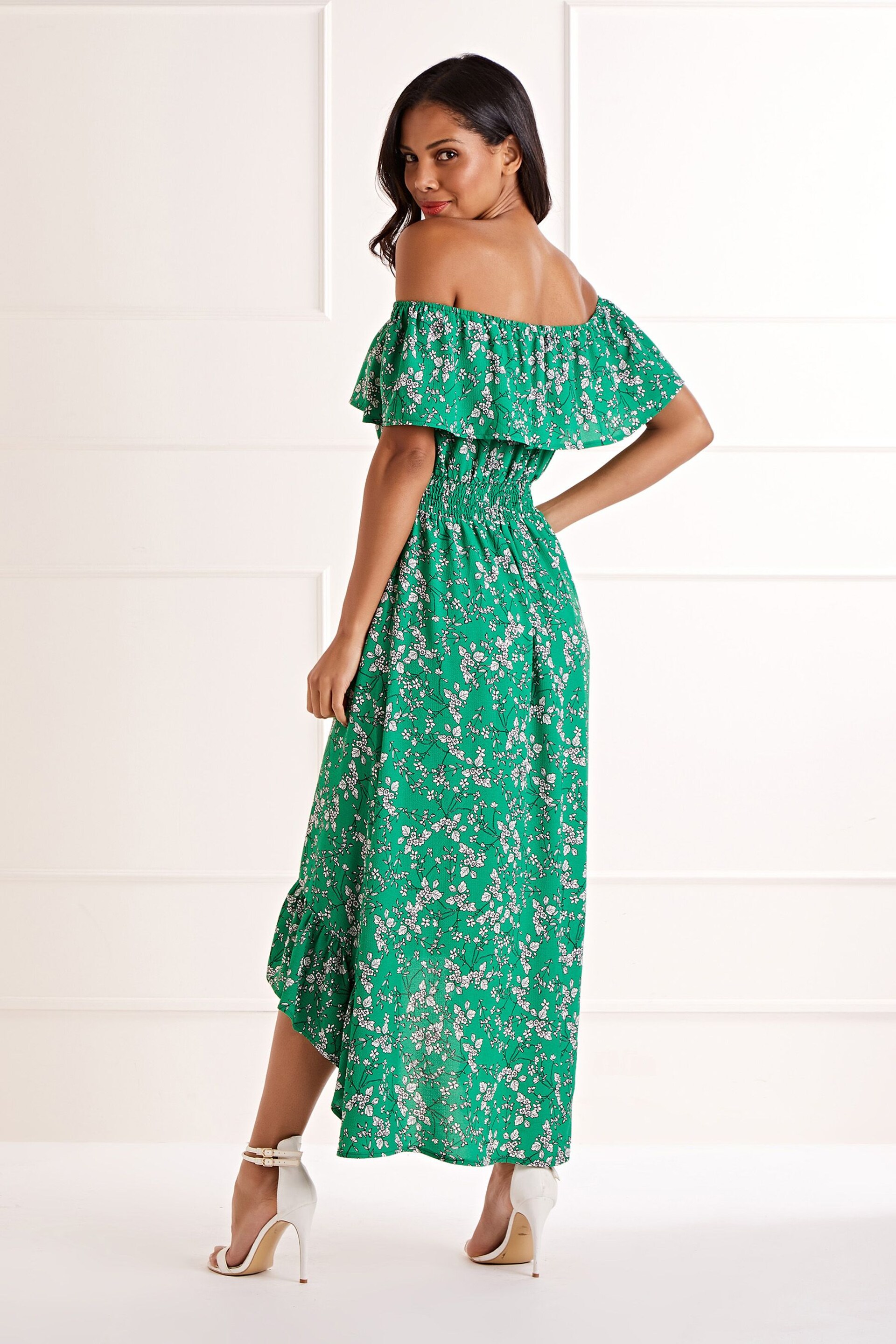 Mela Green Ditsy Print Bardot Dipped Hem Dress - Image 3 of 4