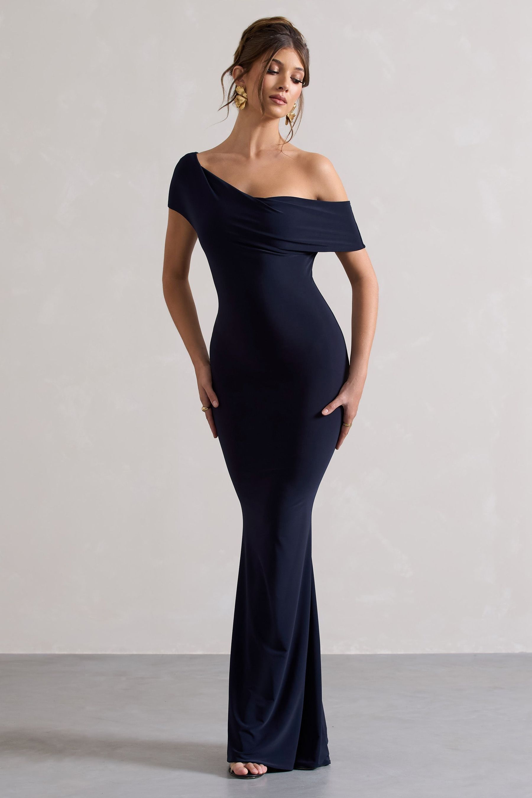 Buy Club L London Navy Blue Avila Asymmetric Bardot Maxi Dress from Next Luxembourg
