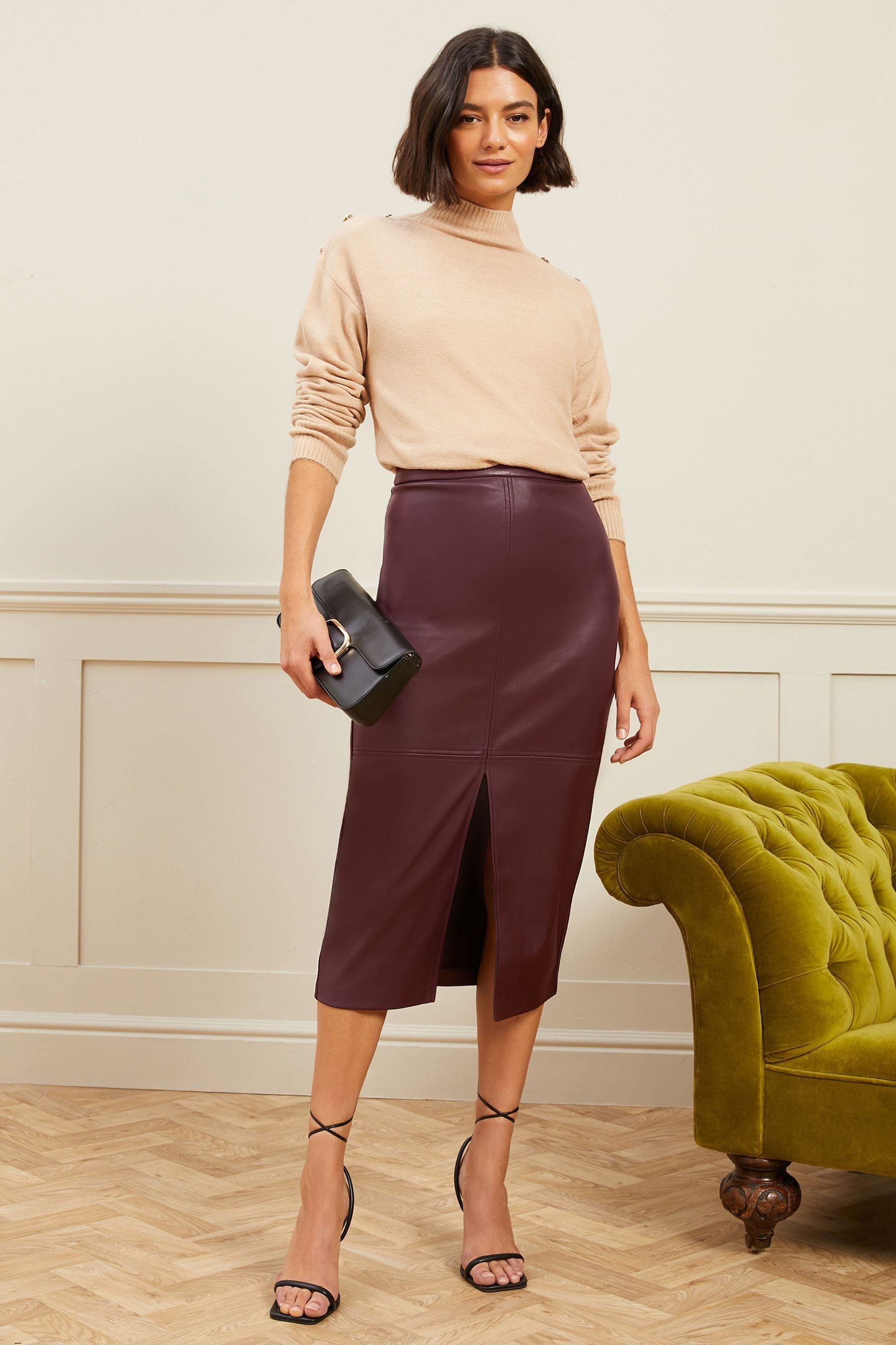 Buy Love Roses Burgundy Petite Faux Leather Midi Pencil Skirt from the Next UK online shop