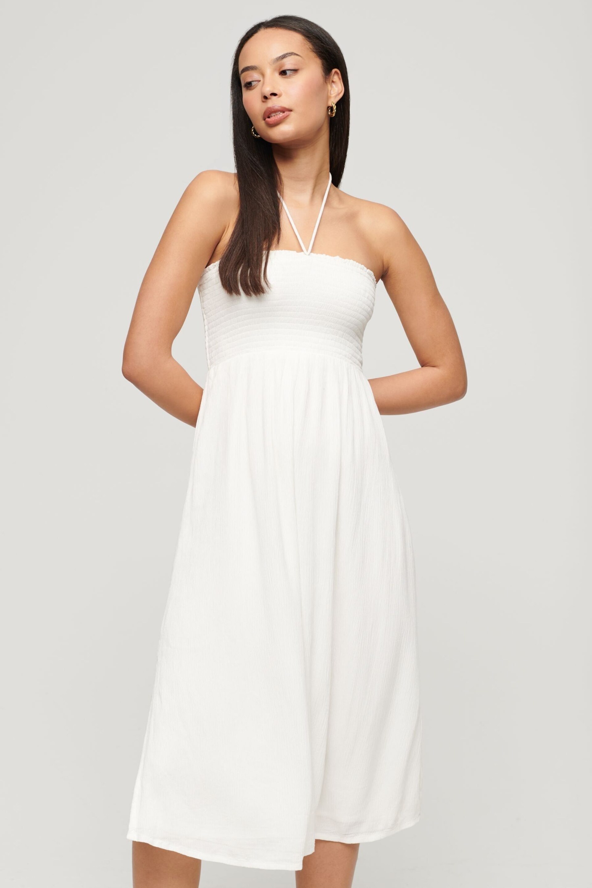 Superdry White Smocked Midi Beach Dress - Image 1 of 3