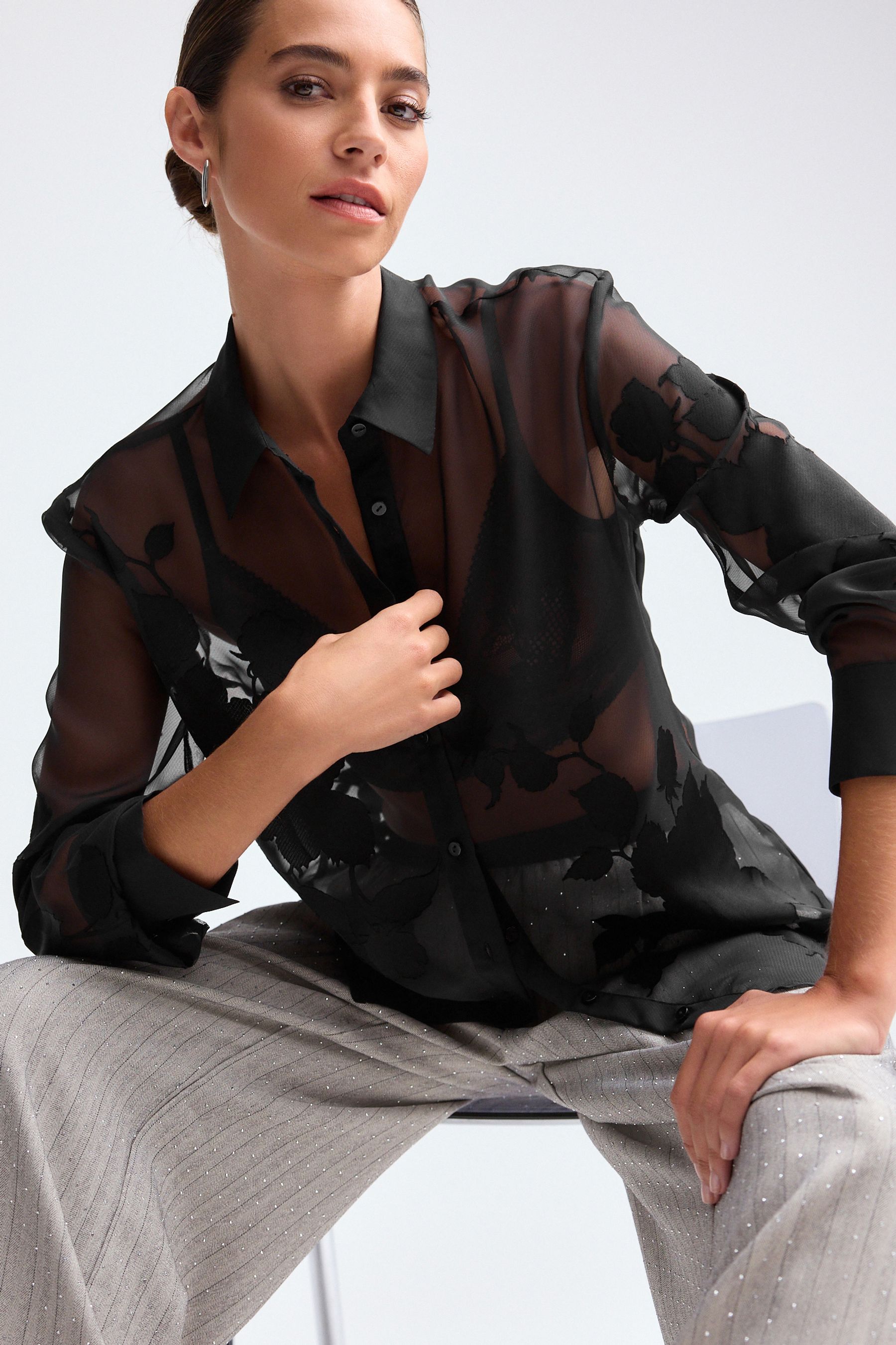 Womens black sheer blouse on sale