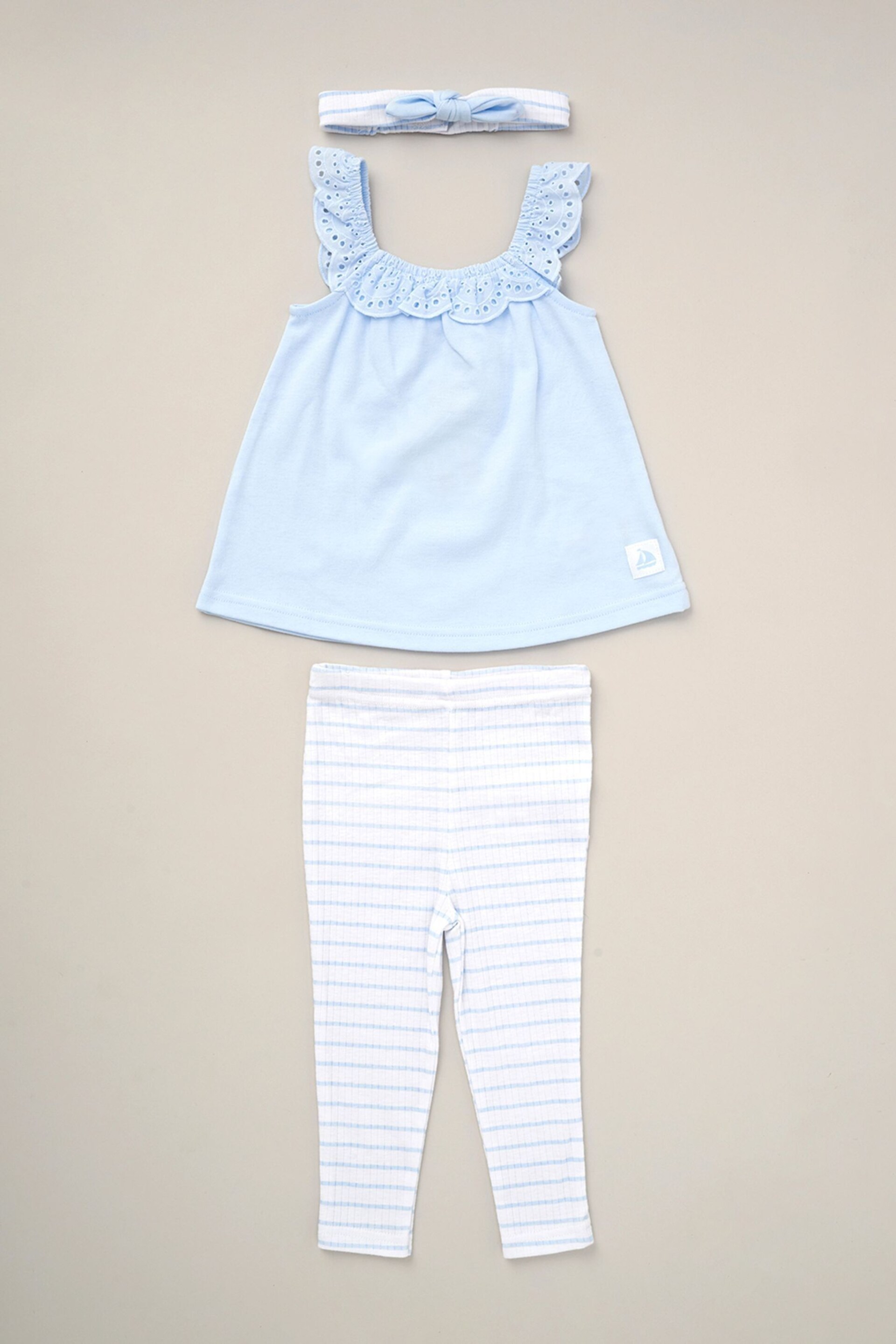 Lily & Jack Blue Broderie Top Stripe Leggings And Headband Outfit Set 3 Piece - Image 1 of 4