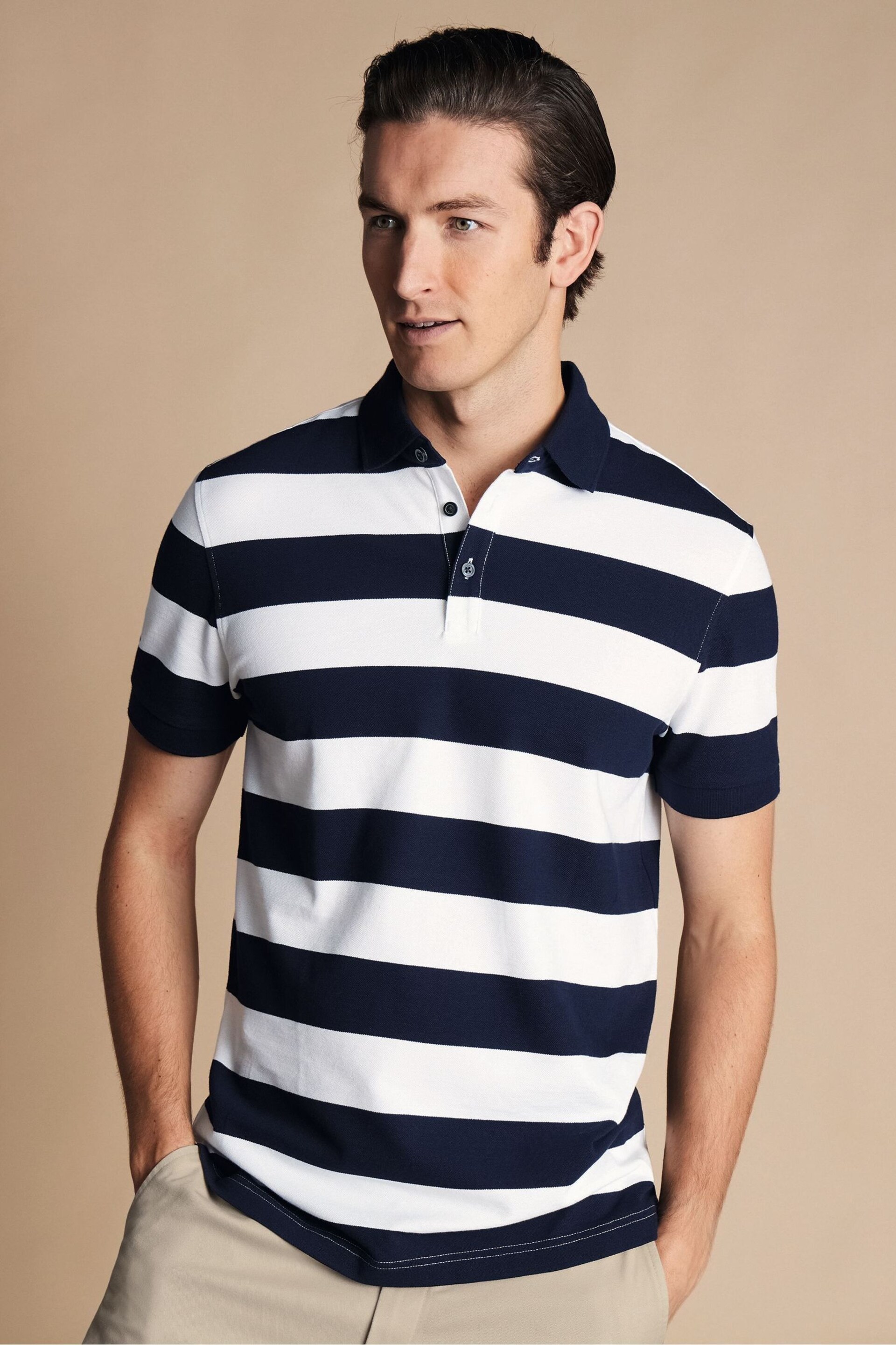 Charles Tyrwhitt Blue Short Sleeve Cotton Stretch Pique Polo Shirt - Image 1 of 5