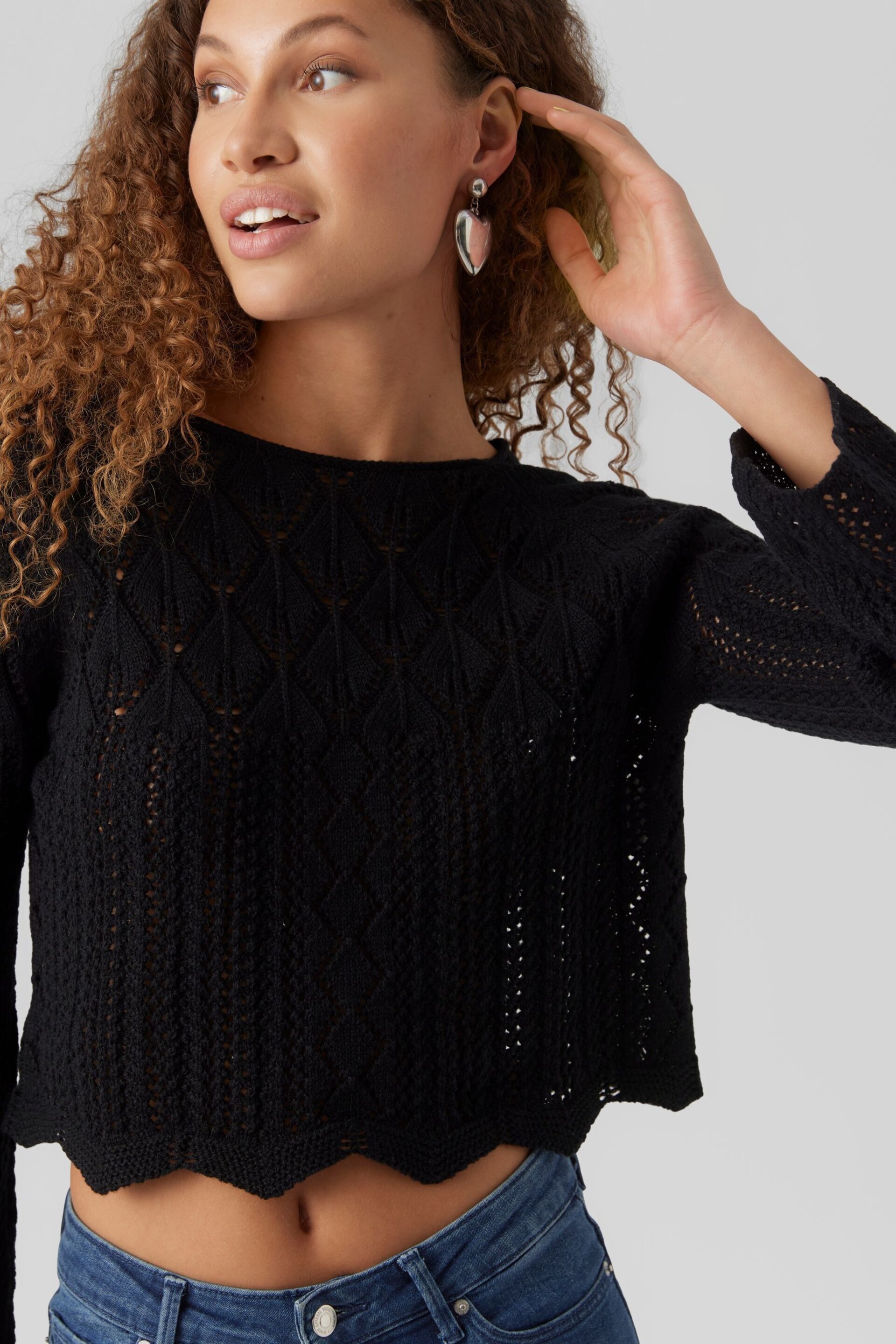 VERO MODA Black Lightweight Cropped Knitted Crochet Jumper - Image 1 of 5