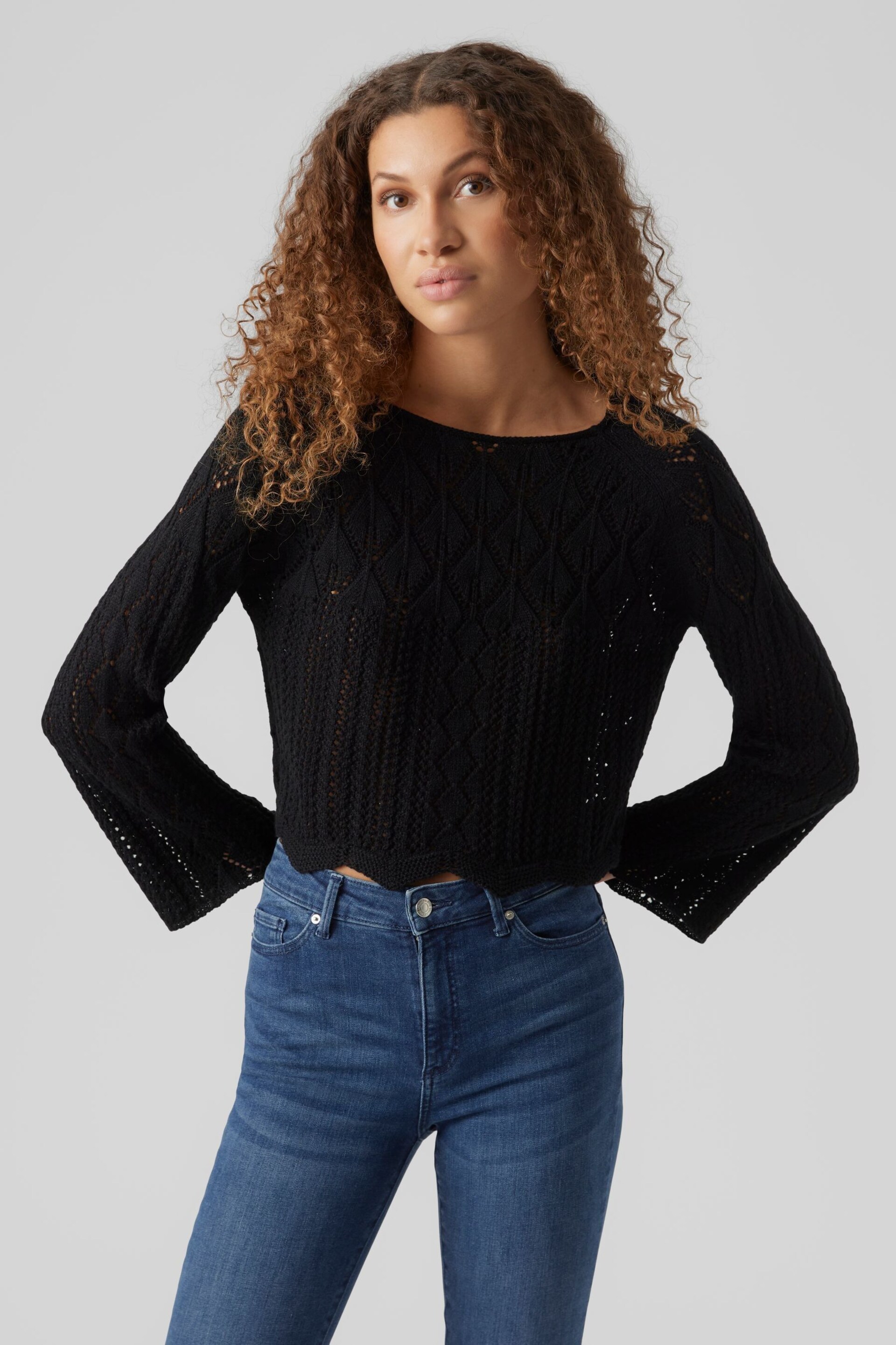 VERO MODA Black Lightweight Cropped Knitted Crochet Jumper - Image 2 of 5