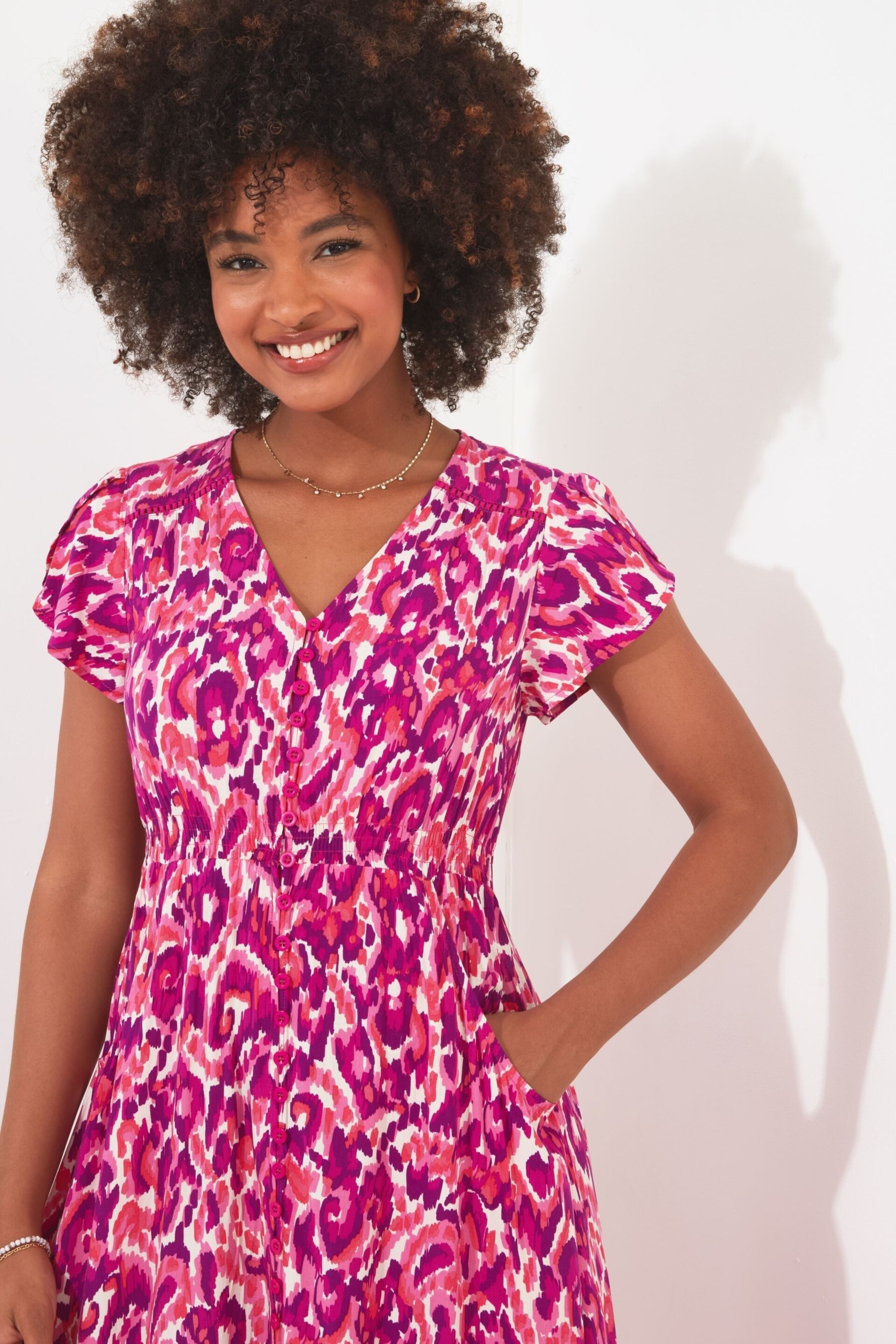 Joe Browns Pink Bold Animal Print Ruffle Hem Midi Dress with Pockets - Image 4 of 5