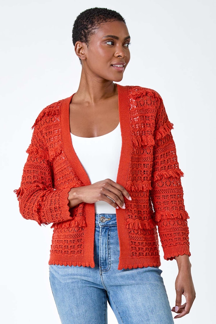 Roman Orange Fringe Detail Scalloped Cotton Blend Cardigan - Image 2 of 5