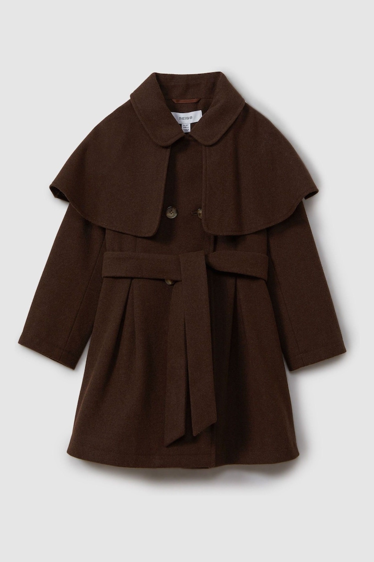 Reiss Chocolate Karlie Senior Double Breasted Cape Coat with Wool - Image 1 of 5