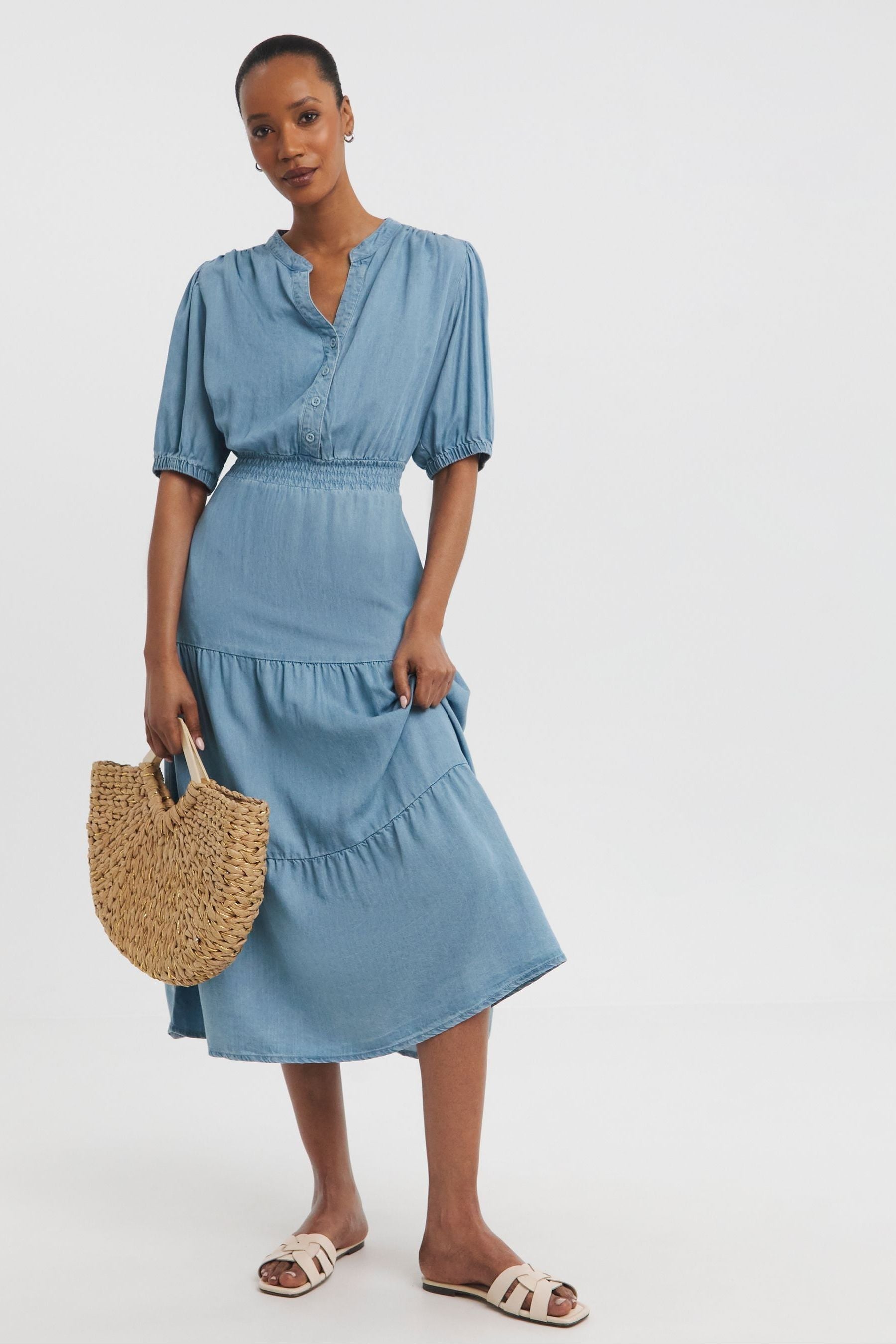 JD Williams Blue Sheered Bodice Tiered Midi Dress