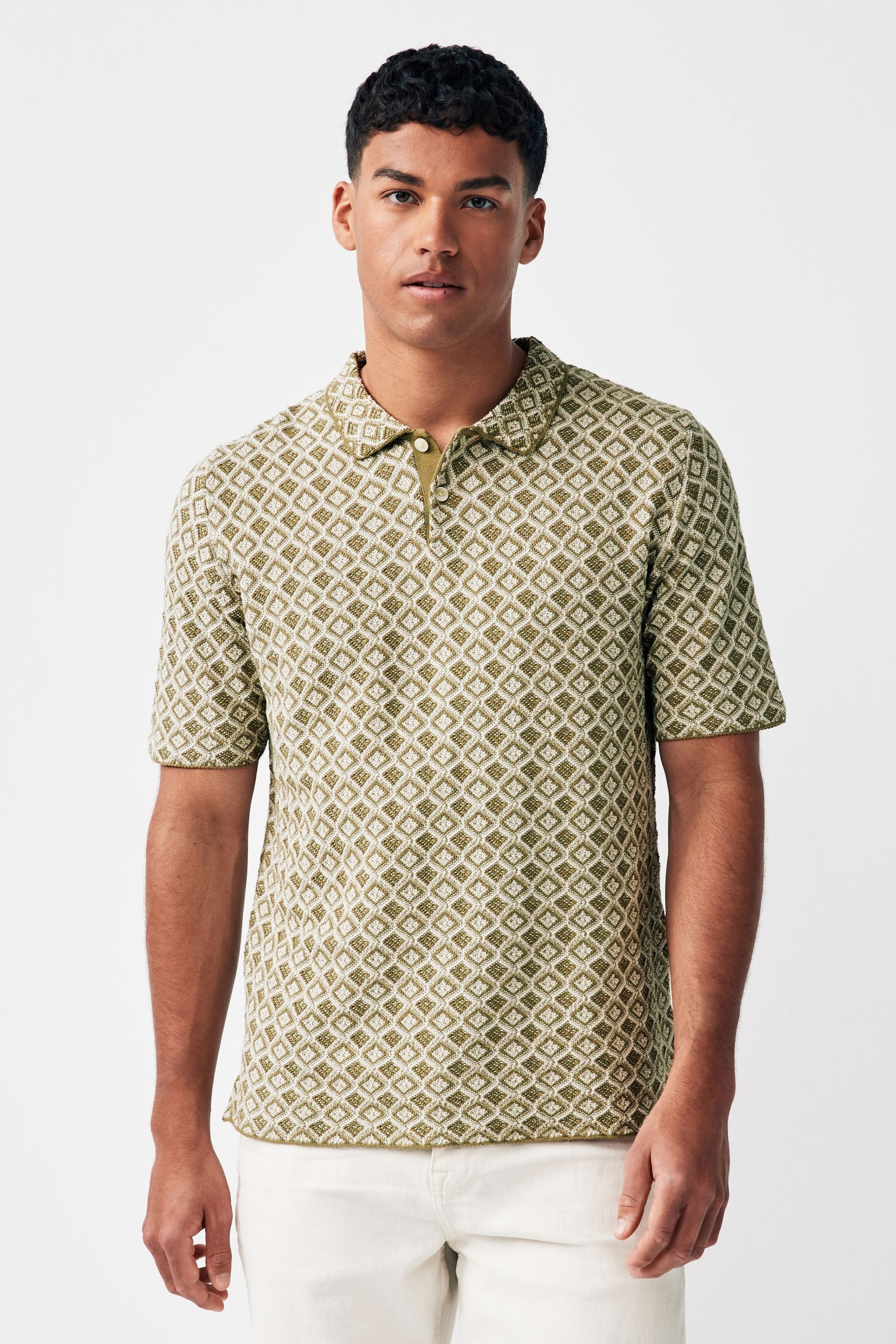 JACK & JONES Green Textured Geo Print Knitted Smart Polo Shirt - Image 1 of 5