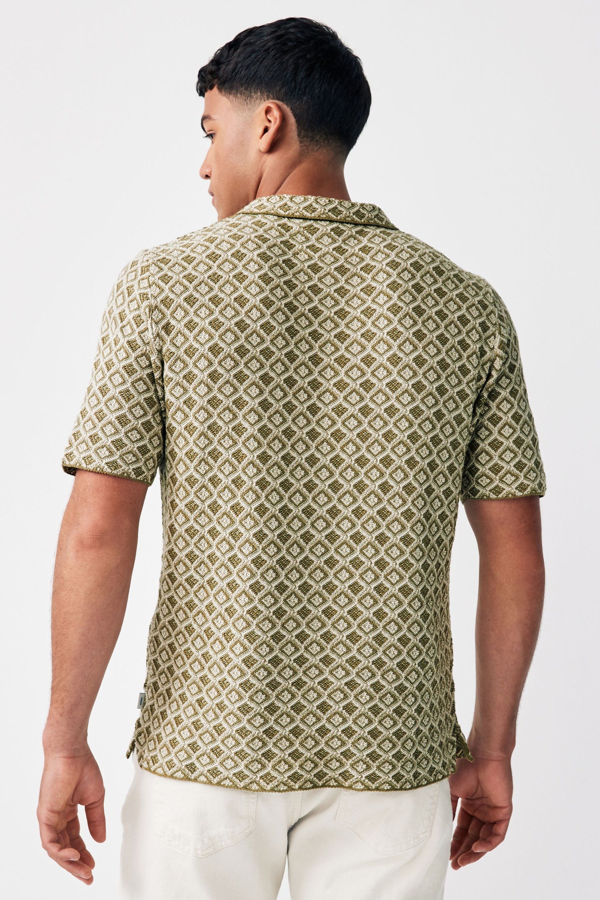 JACK & JONES Green Textured Geo Print Knitted Smart Polo Shirt - Image 2 of 5