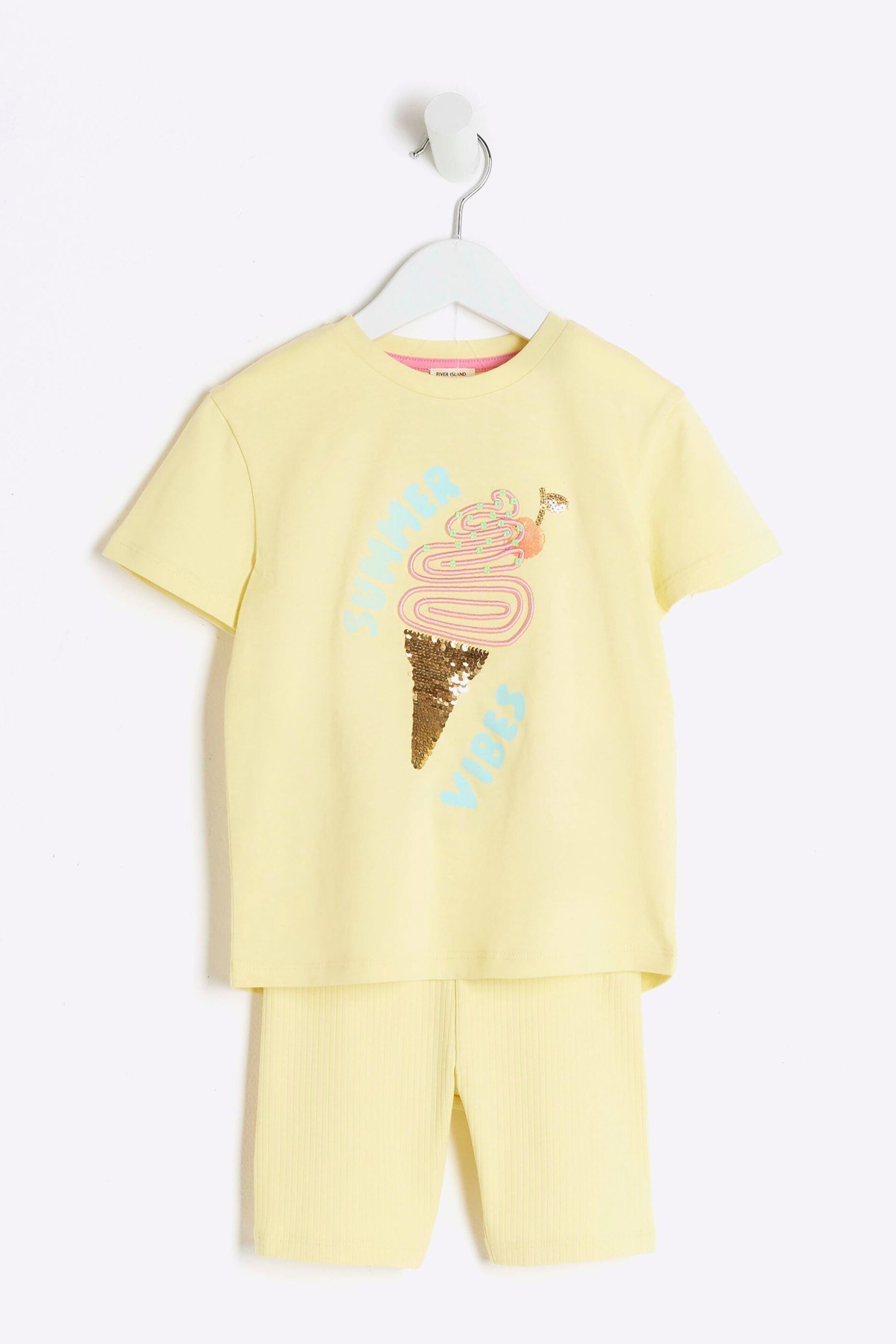 River Island Yellow Girls Summer T-Shirt and Shorts Set - Image 1 of 1