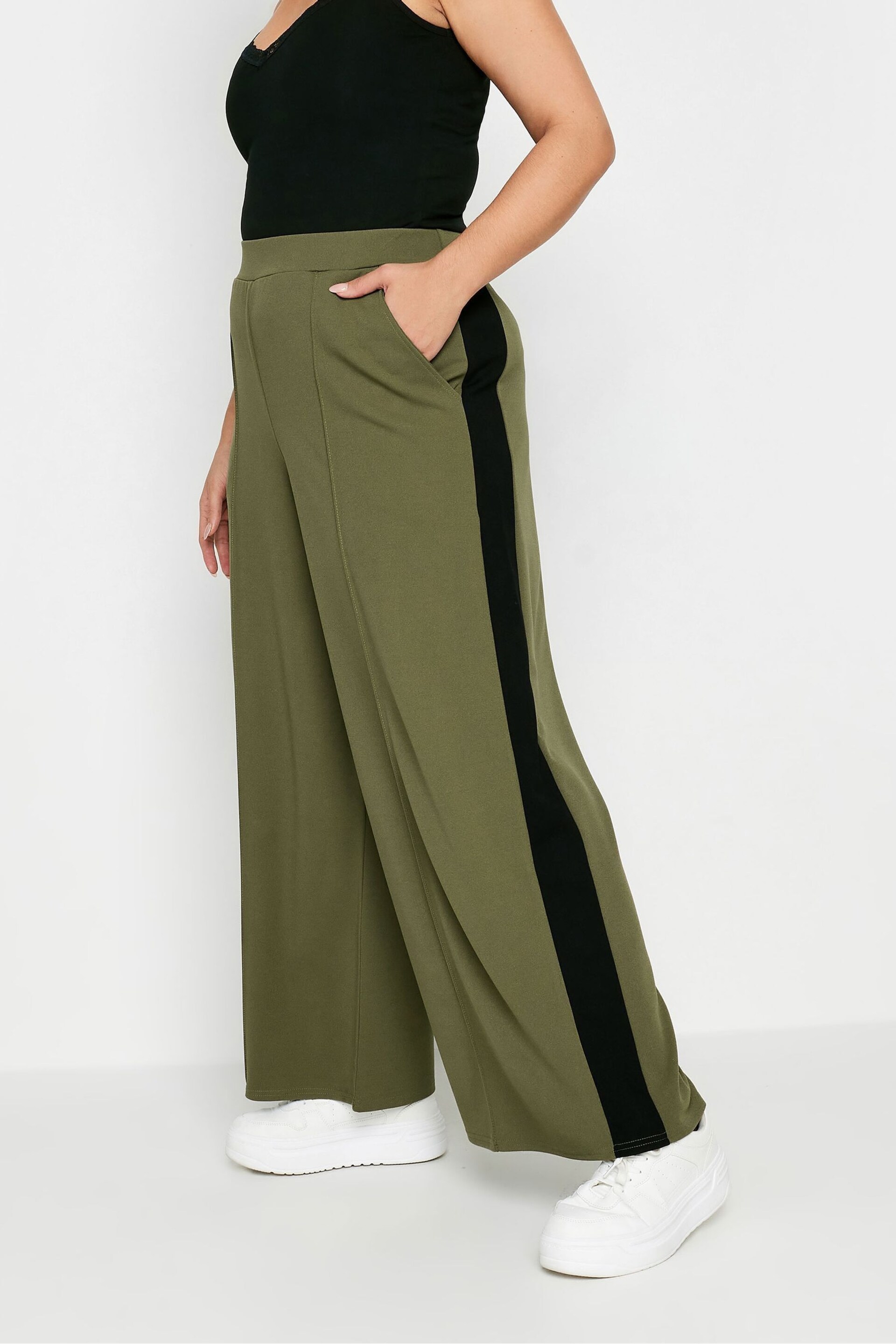 Yours Curve Green Side Stripe Wide Leg Trousers - Image 1 of 5