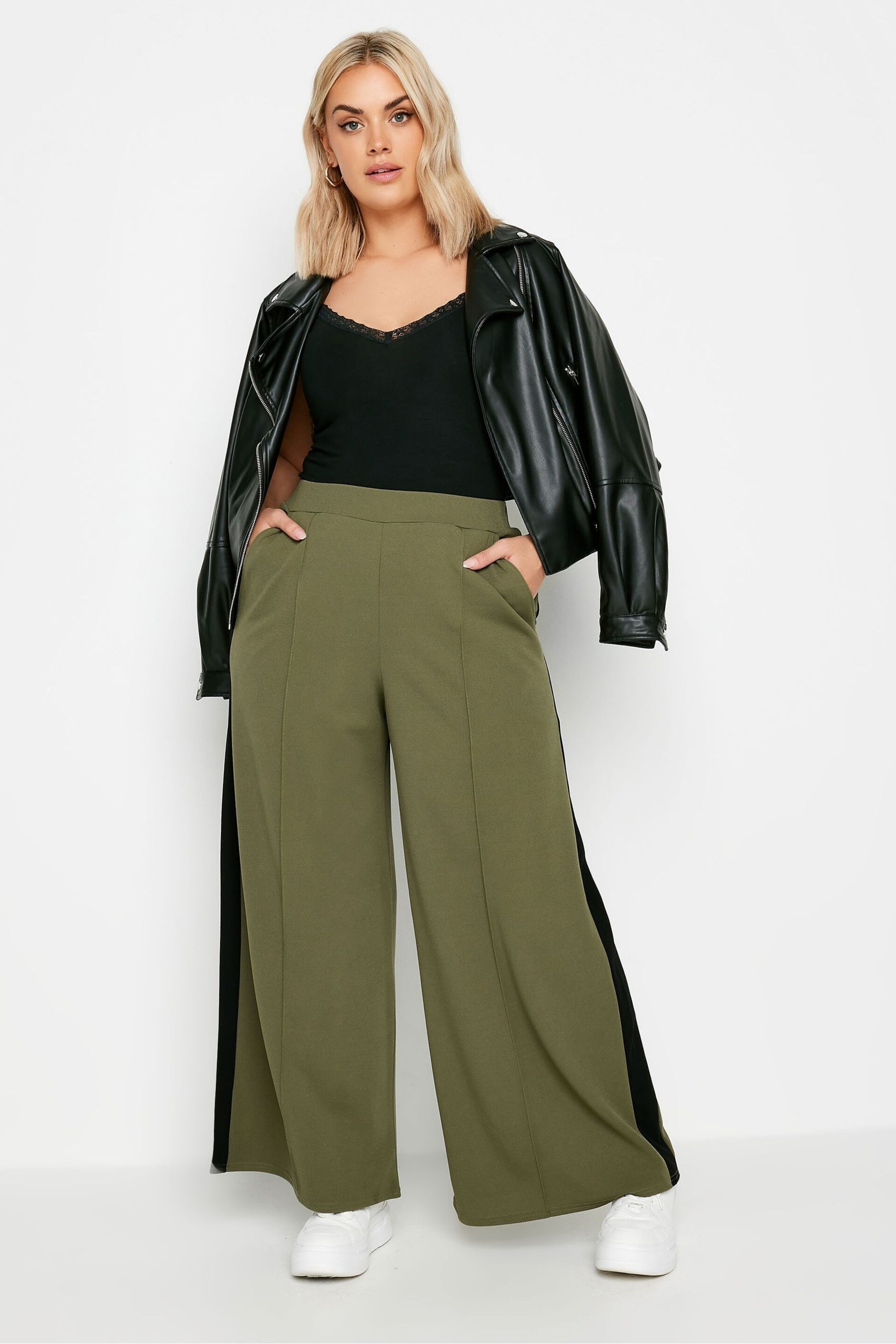 Yours Curve Green Side Stripe Wide Leg Trousers - Image 2 of 5