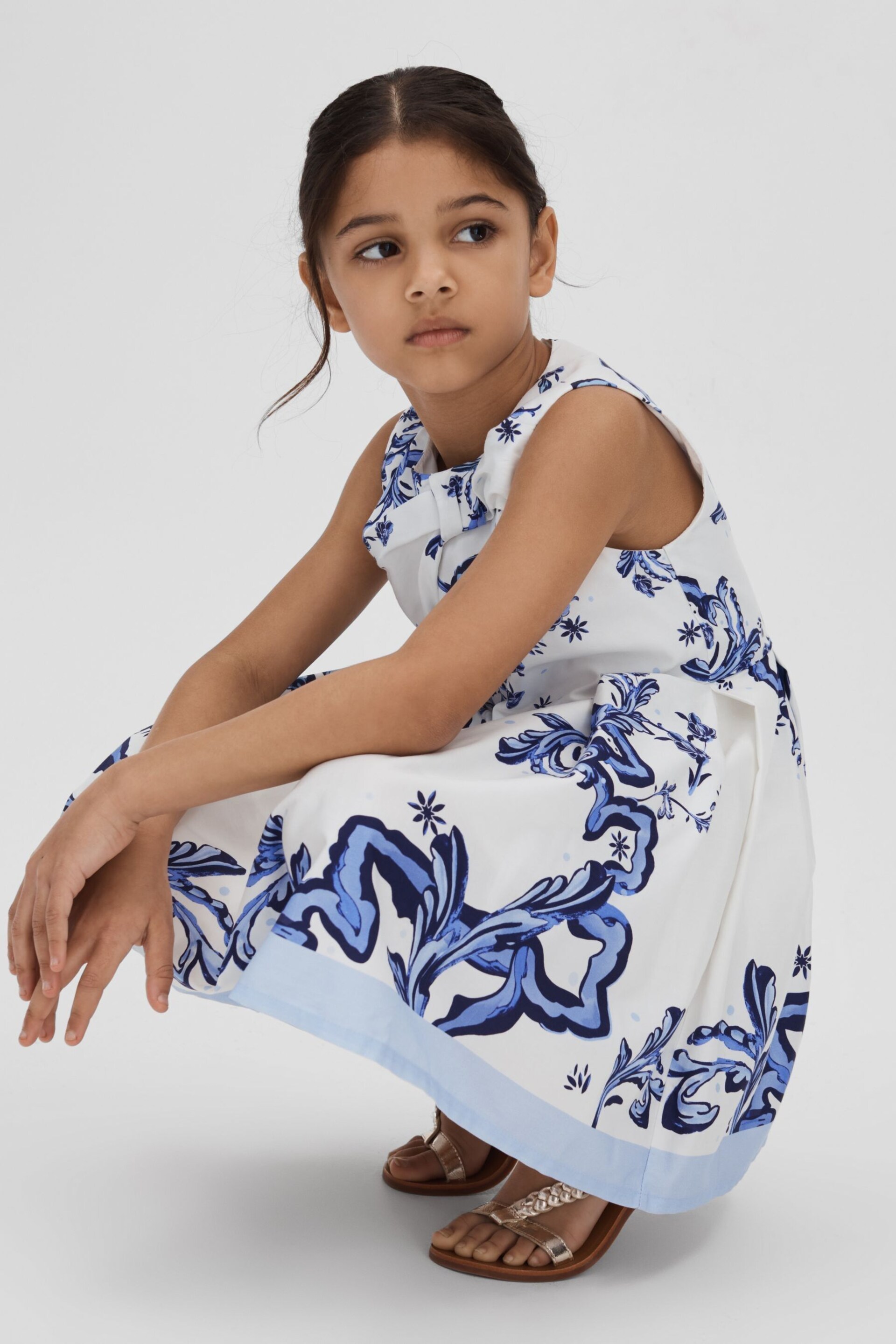 Reiss Blue Print Emiline Teen Cotton Tile Print Pleated Dress - Image 3 of 4