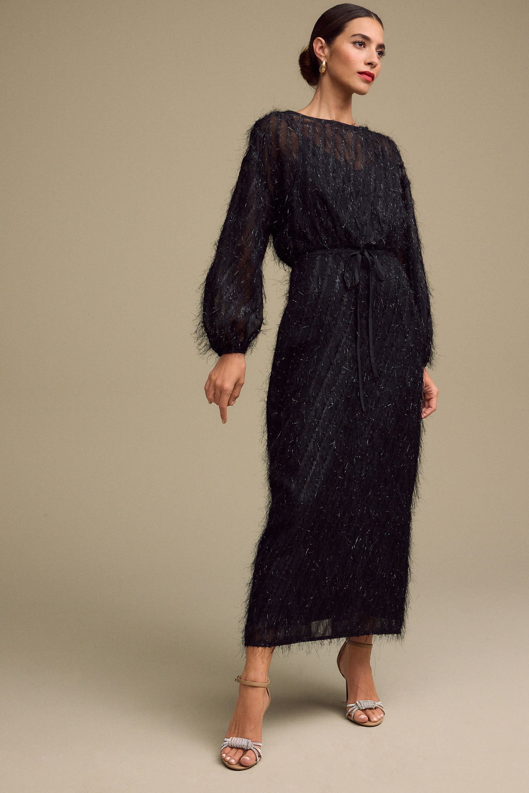Buy Black Long Sleeve Tie Waist Sparkle Maxi Dress from the Next UK online shop