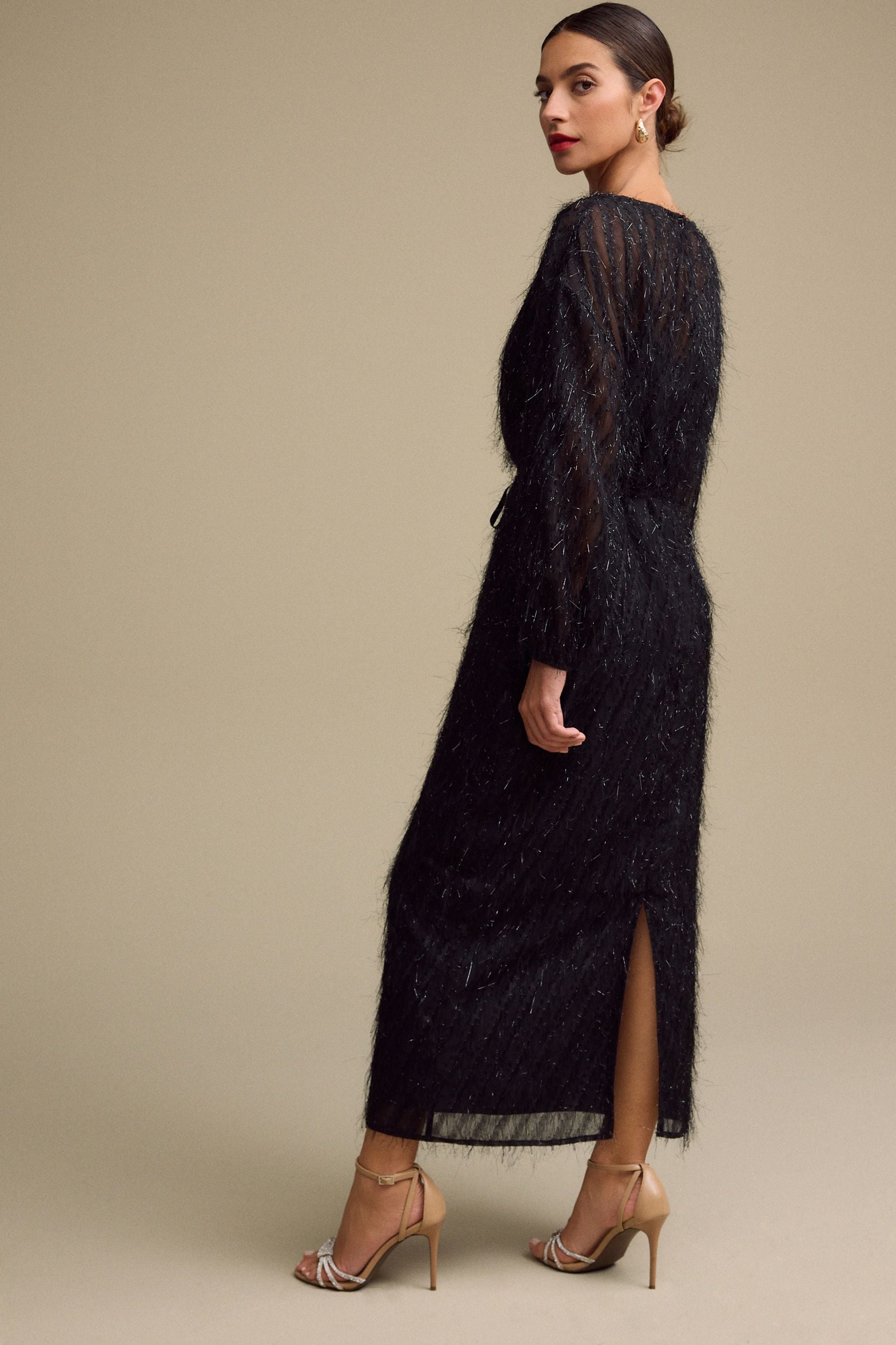 Buy Black Long Sleeve Tie Waist Sparkle Maxi Dress from the Next UK online shop