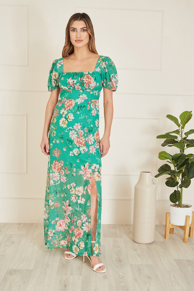 Yumi Green Floral Print Square Neck Maxi Dress With Split Hemline - Image 1 of 5