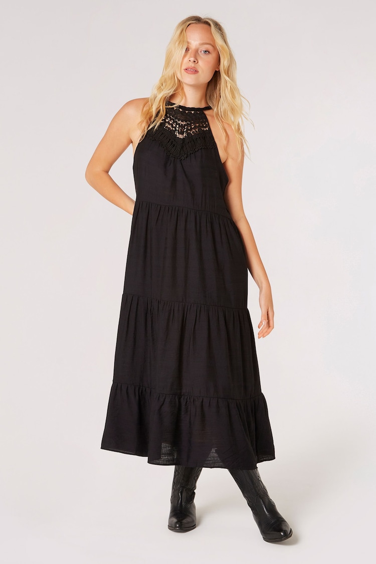 Apricot Black Lace Neck Shimmer Midi Dress - Image 1 of 5