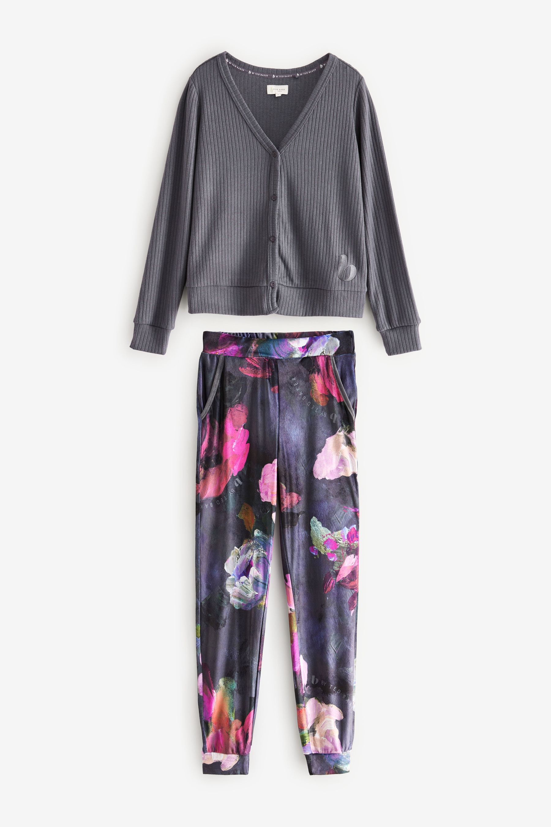 B By Ted Baker Charcoal Grey Floral Print Cosy Cardigan Jogger Pyjamas Set