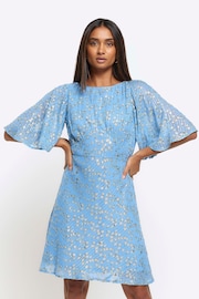 River Island Blue Glitter Tie Back Swing Mini Dress - Image 1 of 4