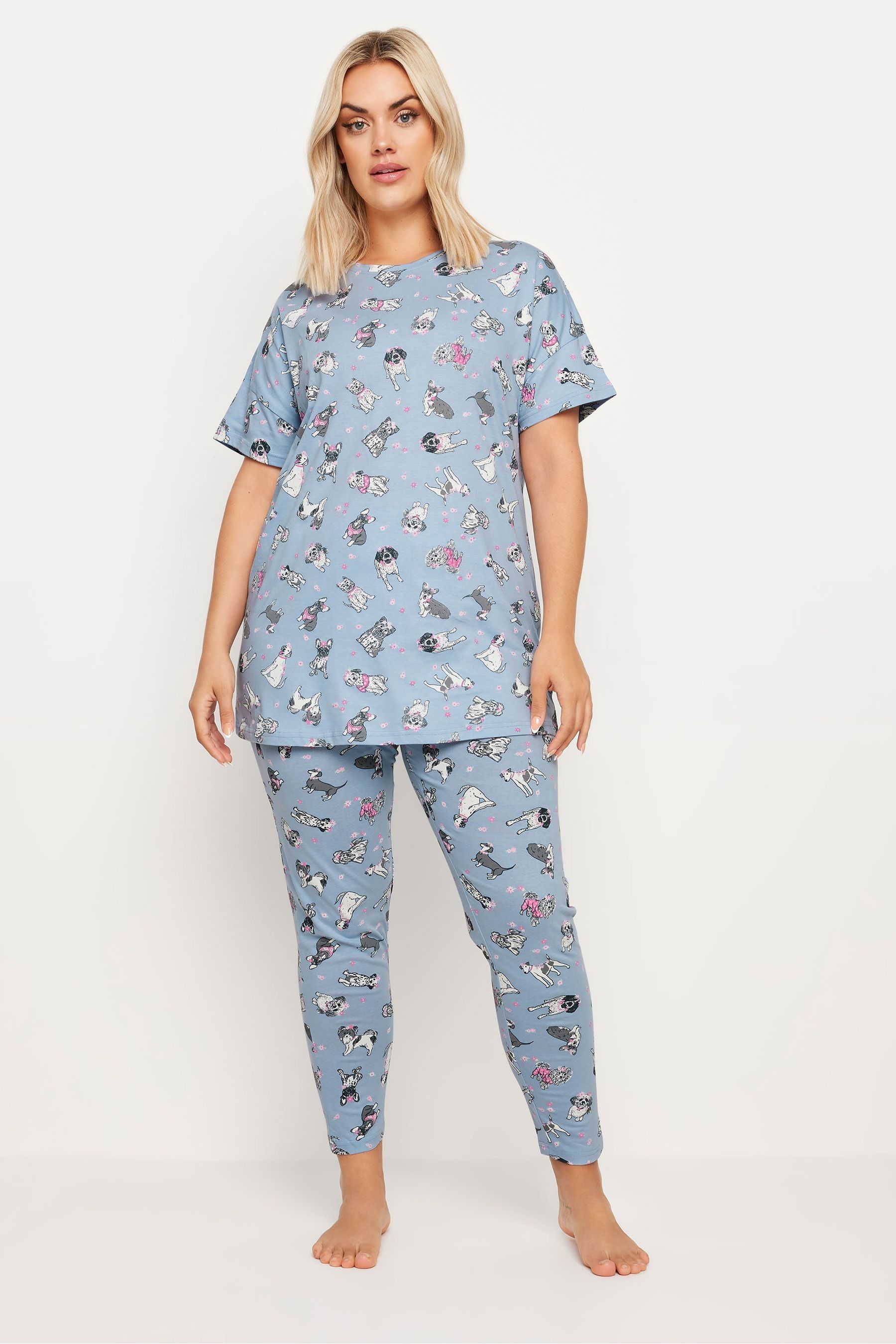 Yours Curve Blue 100 Cotton Dog Print Pyjama Set