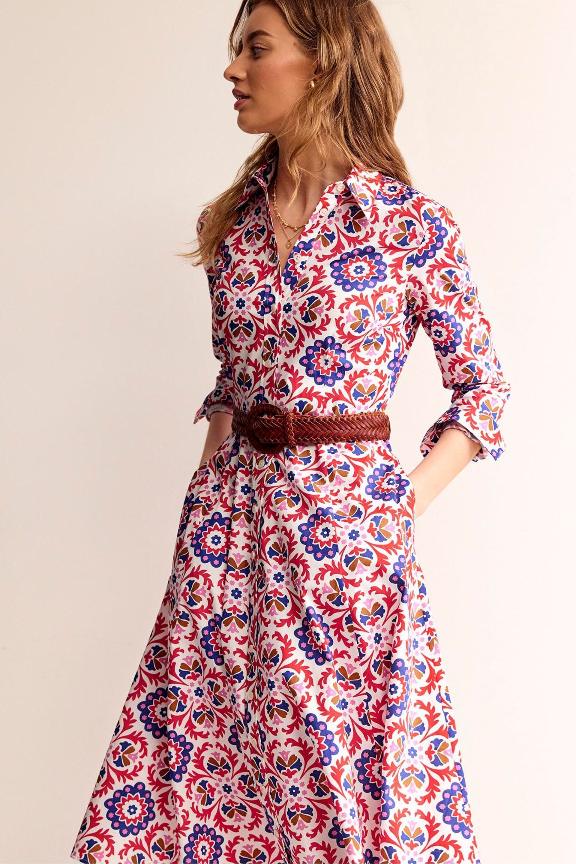 Boden Red Amy Cotton Midi Shirt Dress - Image 2 of 6
