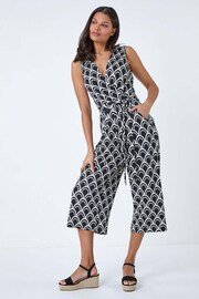 Roman Black Sleeveless Shell Print Stretch Jumpsuit - Image 4 of 5