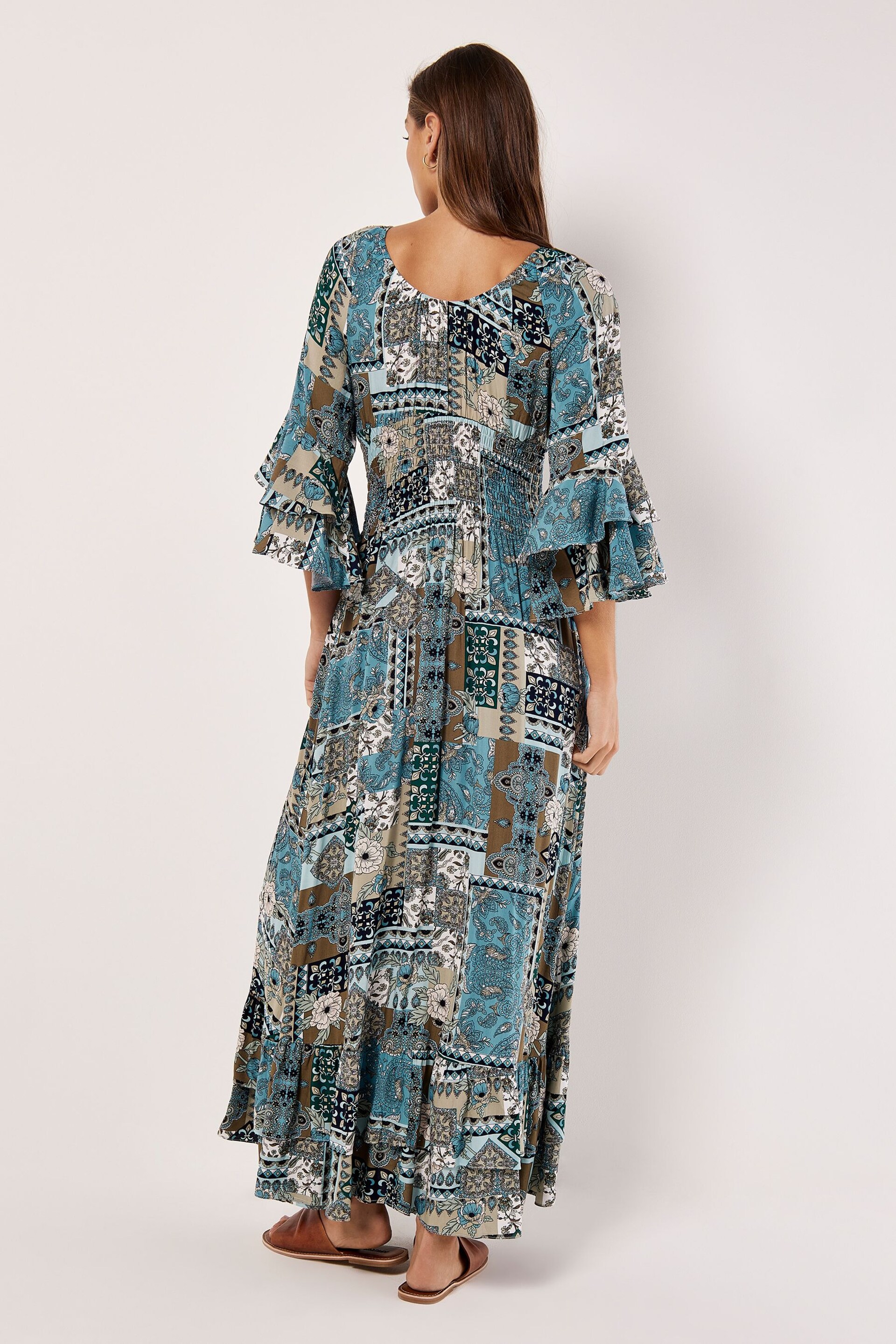 Apricot Blue Patchwork Scarf Print Maxi Dress - Image 2 of 4