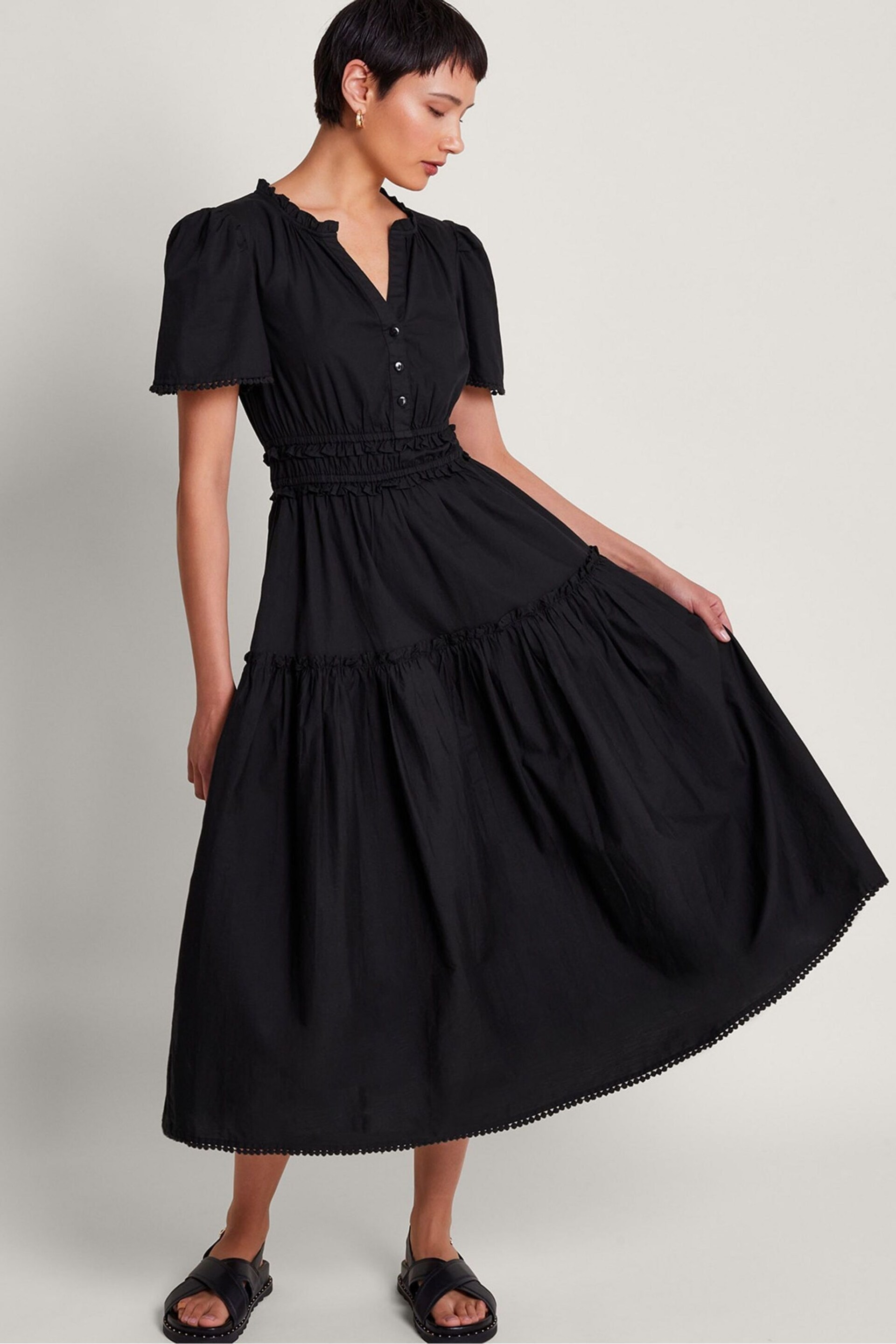 Monsoon Black Frill Lorena Midi Dress - Image 1 of 5