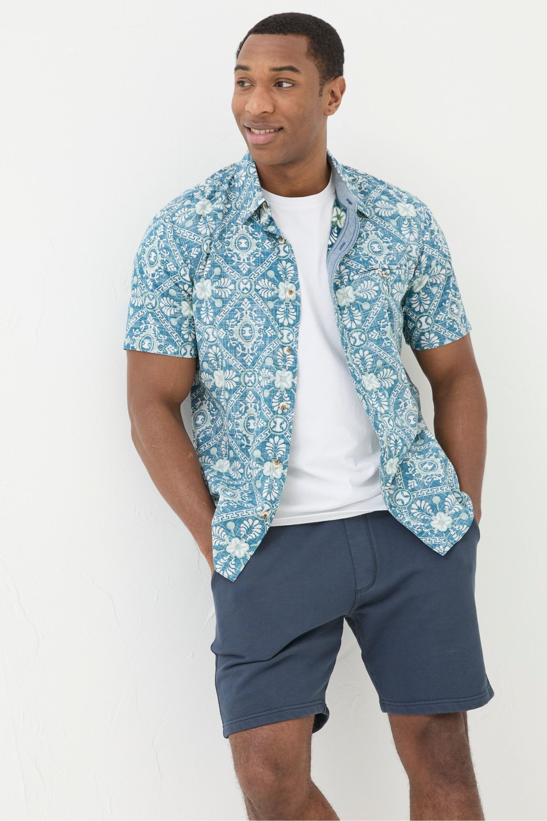 FatFace Blue Short Sleeve Large Tile Print Shirt - Image 1 of 5