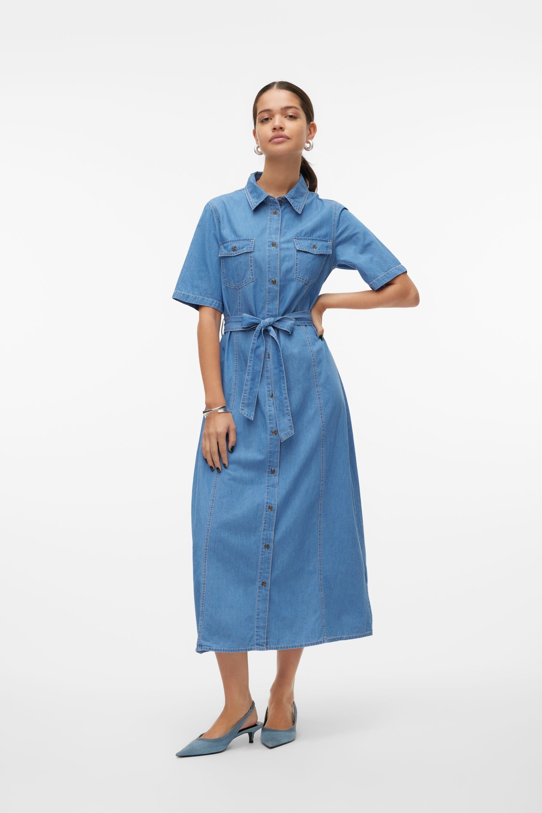Buy VERO MODA Blue 100 Cotton Short Sleeve Denim Midi Dress With Belt from Next Singapore