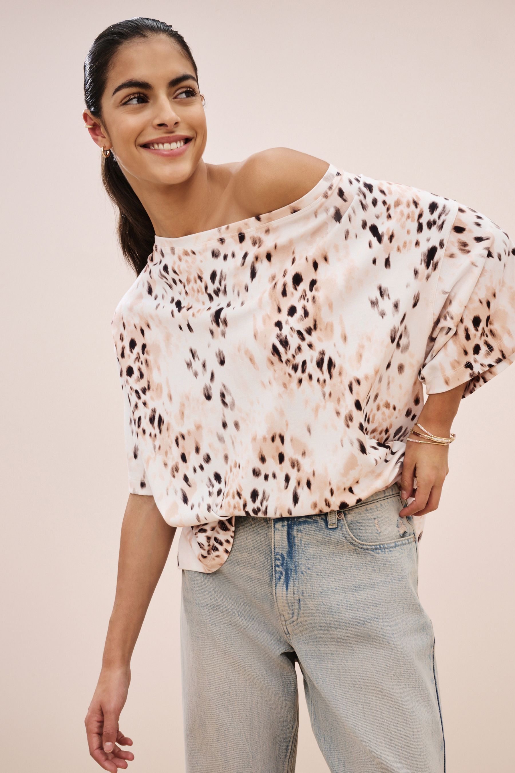 Buy Animal Print Relaxed Fit Boxy 100 Cotton Slouch Shoulder T Shirt from the Next UK online shop
