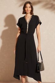 Love & Roses Black Petite Sequin Trim Hanky Hem Short Sleeve Midi Dress - Image 1 of 4
