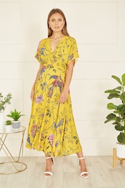 Yumi Yellow Viscose Bird And Floral Print Ruched Waist Midi Dress - Image 1 of 5