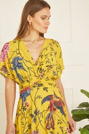 Yumi Yellow Viscose Bird And Floral Print Ruched Waist Midi Dress - Image 2 of 5
