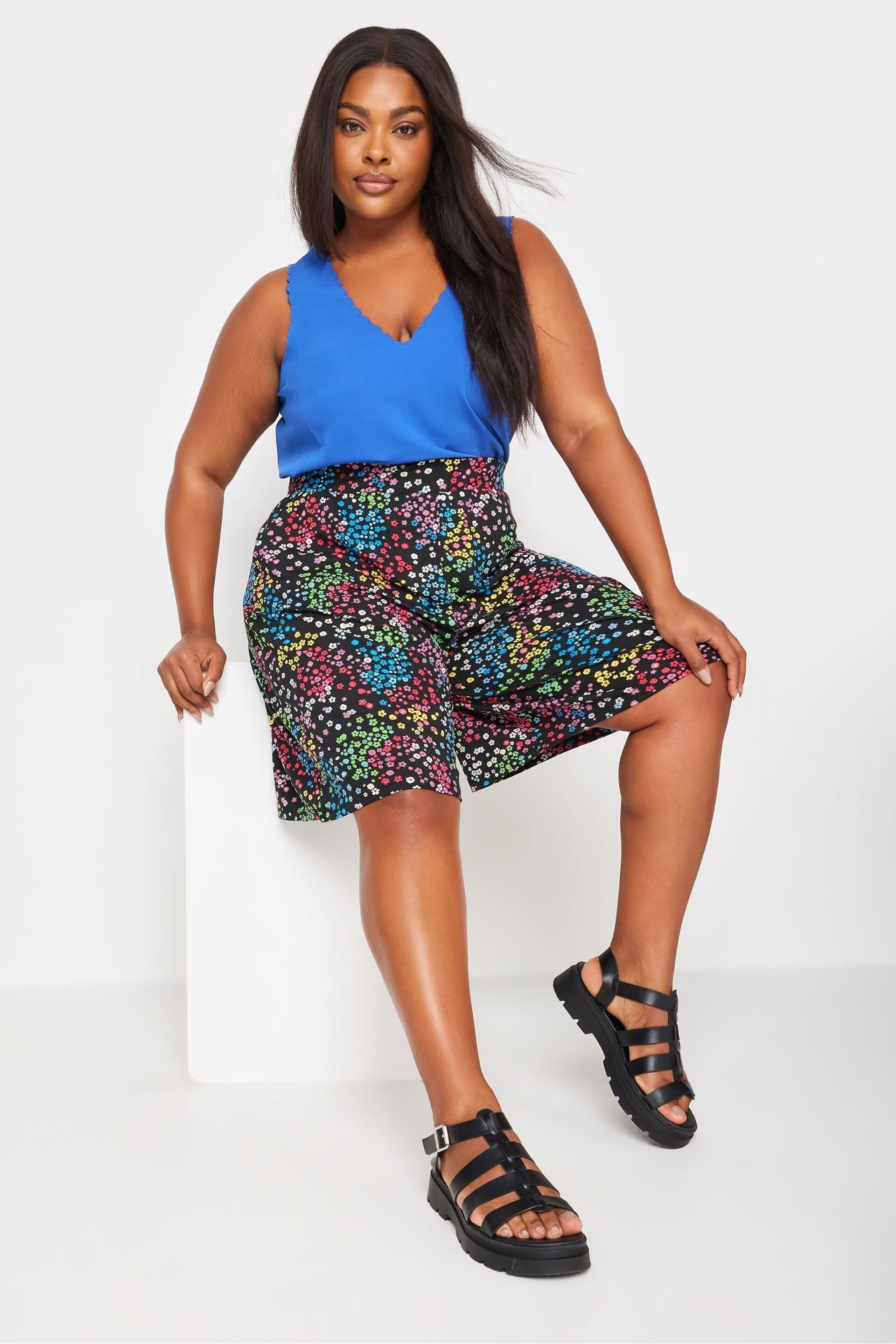 Yours Curve Black Rainbow Ditsy Floral Print Jersey Shorts - Image 1 of 6