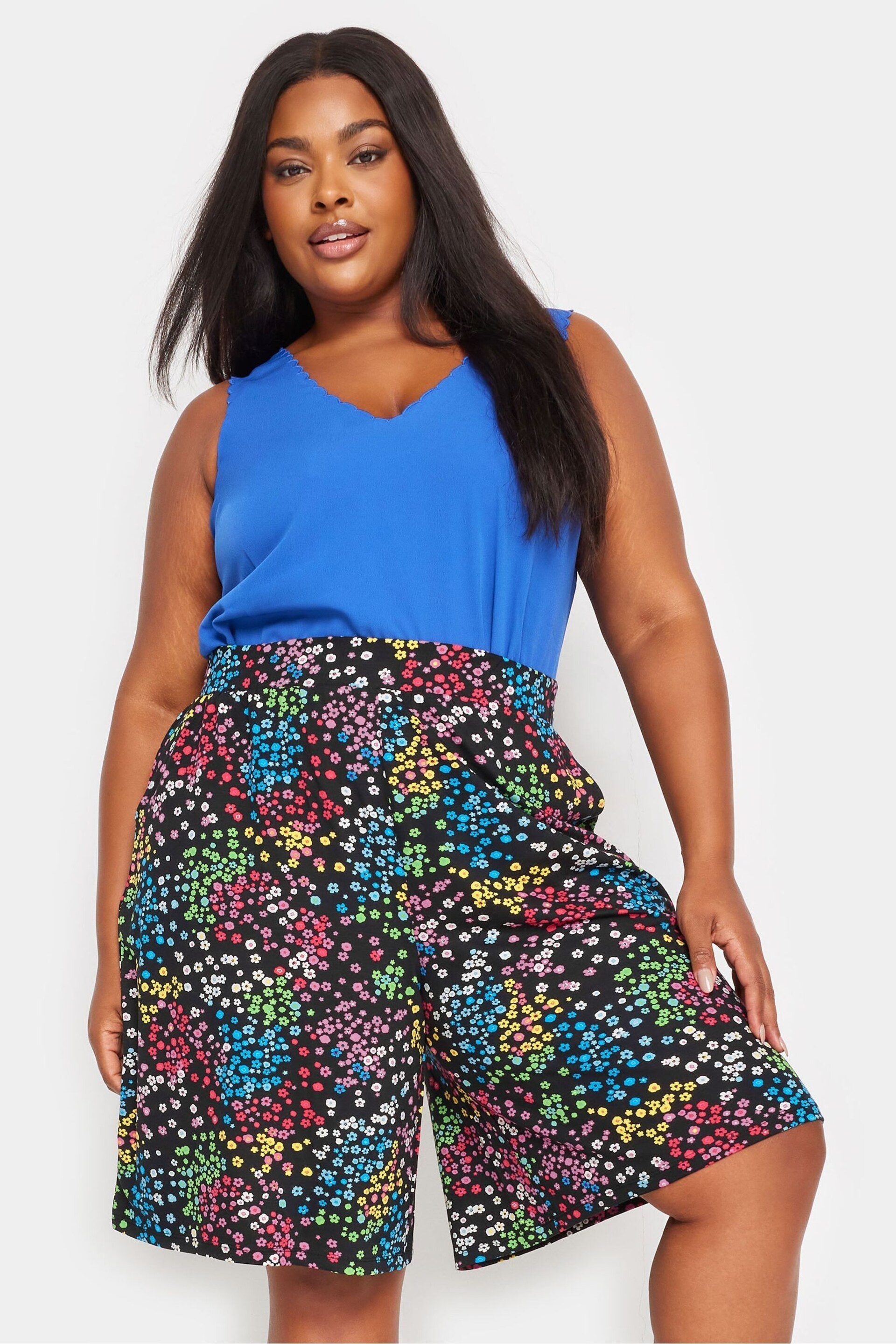 Yours Curve Black Rainbow Ditsy Floral Print Jersey Shorts - Image 2 of 6