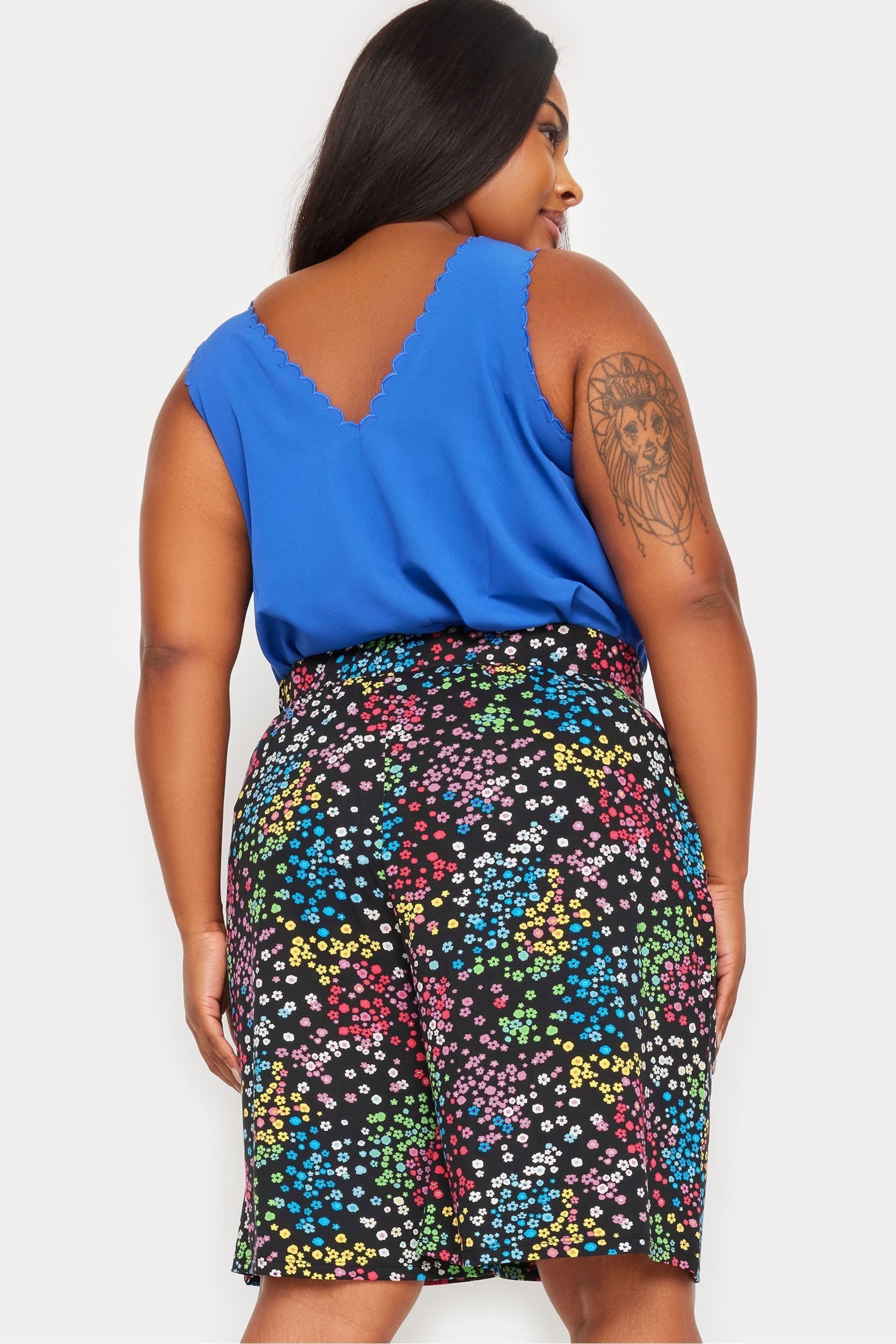 Yours Curve Black Rainbow Ditsy Floral Print Jersey Shorts - Image 3 of 6