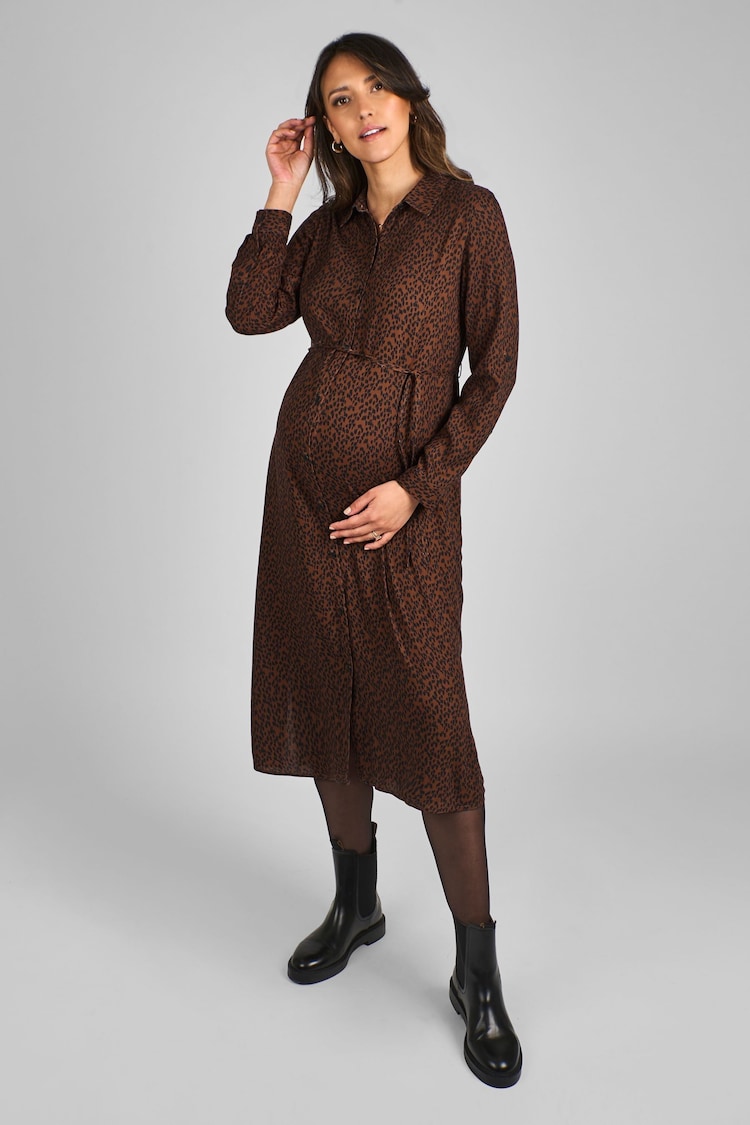 JoJo Maman Bébé Rust Orange Animal Print Maternity Midi Shirt Dress - Image 1 of 4