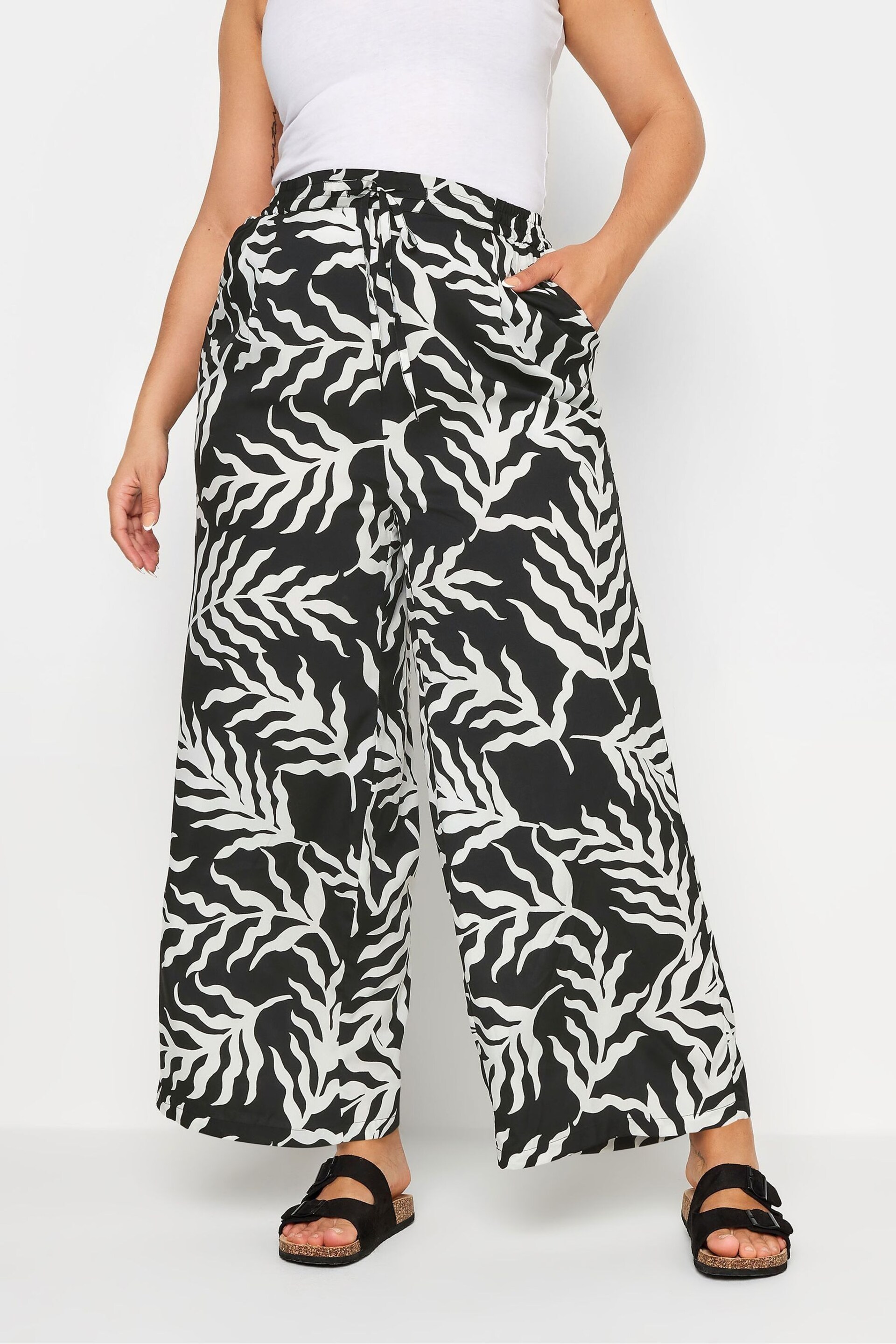 Yours Curve Black Leaf Print Drawstring Wide Leg Trousers - Image 2 of 6