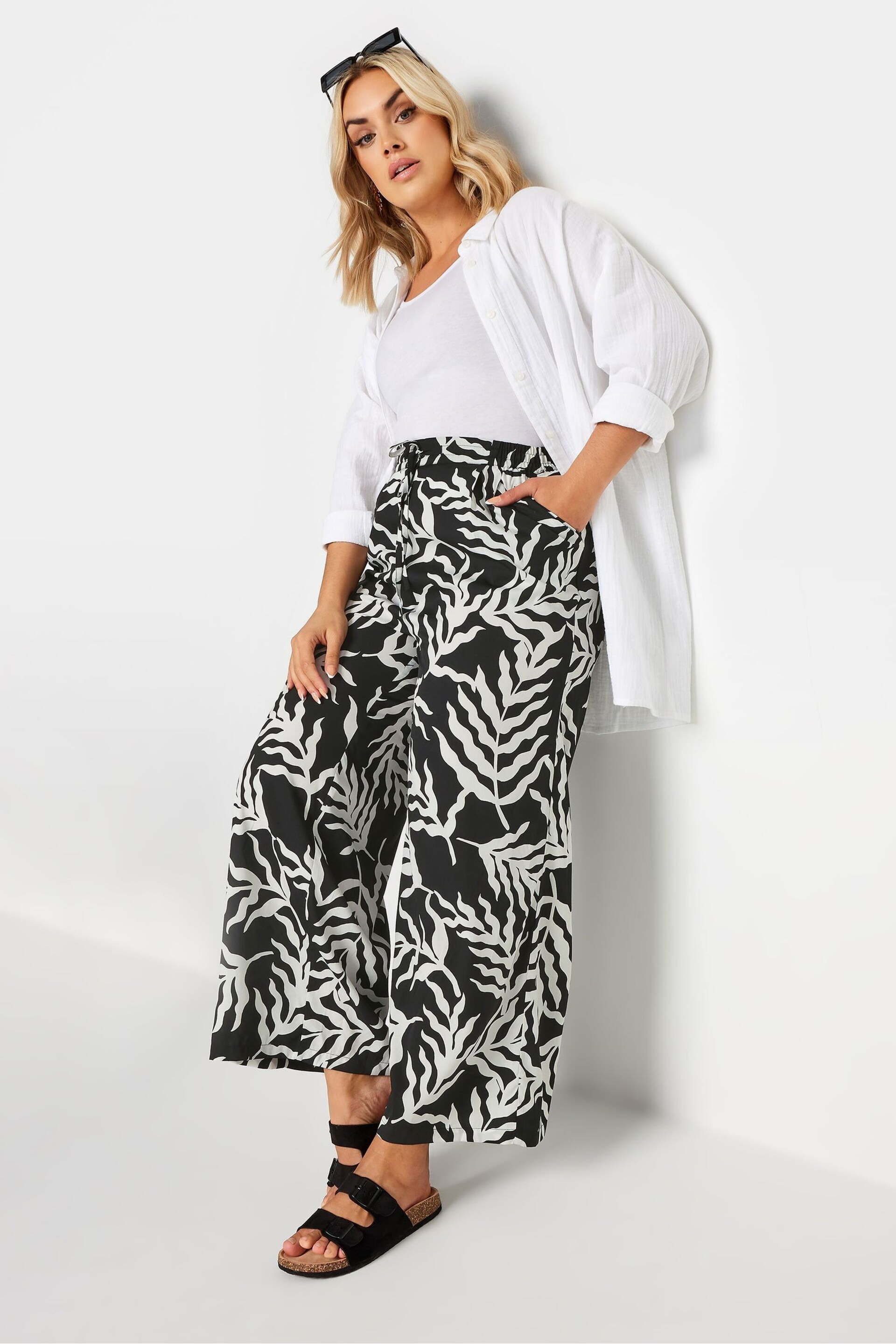 Yours Curve Black Leaf Print Drawstring Wide Leg Trousers - Image 3 of 6