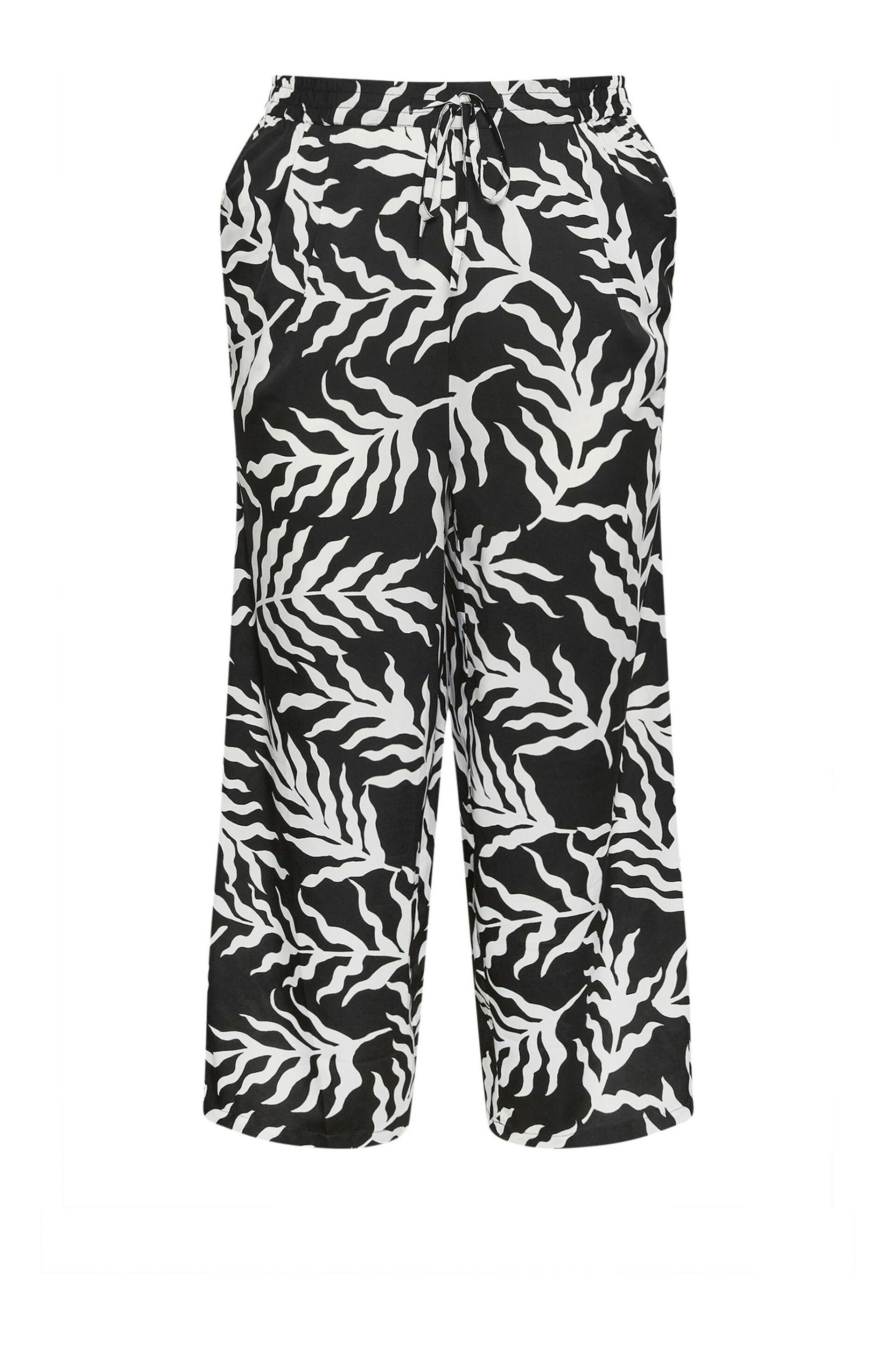 Yours Curve Black Leaf Print Drawstring Wide Leg Trousers - Image 6 of 6