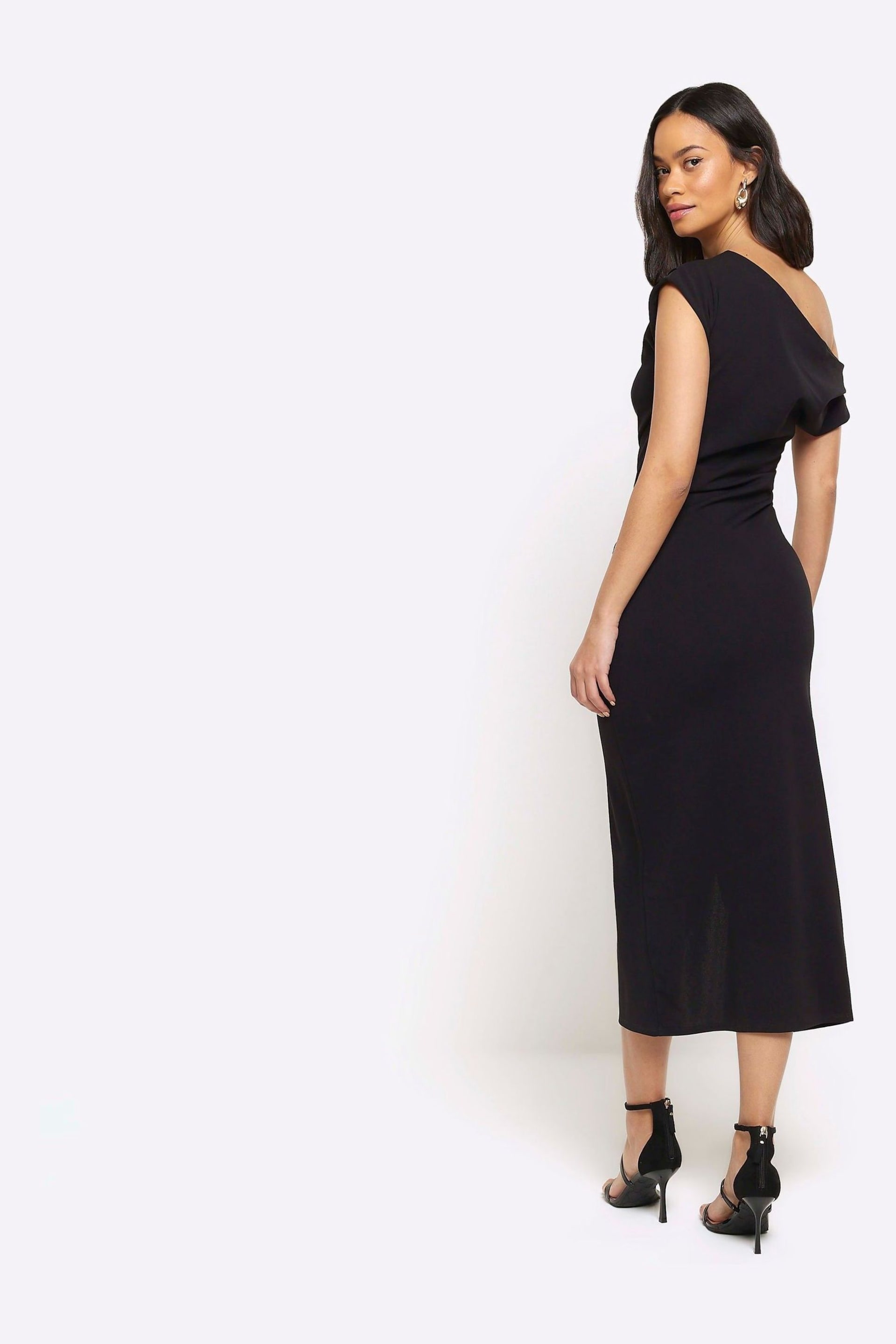 River Island Black Drape Asym Wrap Midi Dress - Image 2 of 4