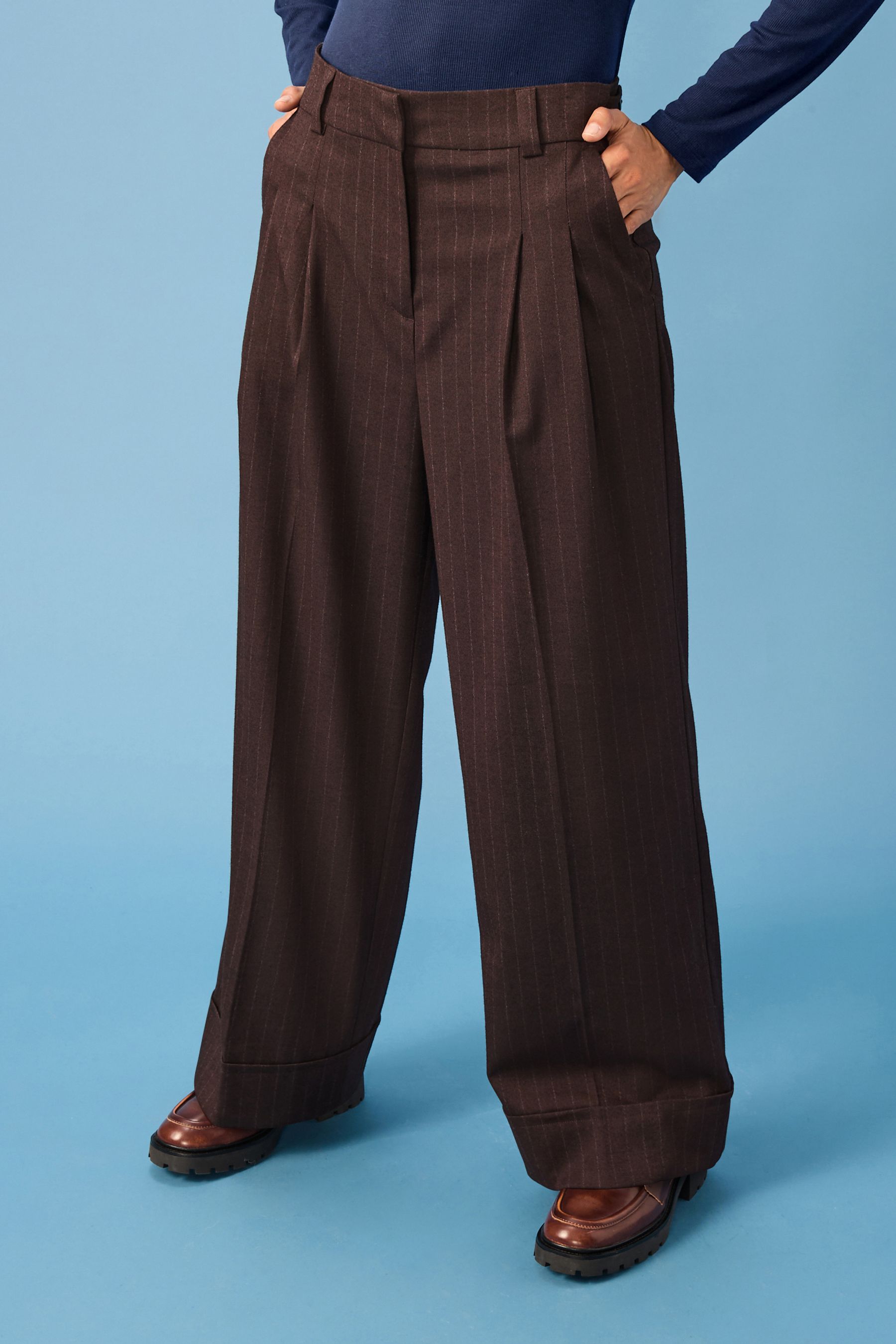 Red pinstripe trousers sales